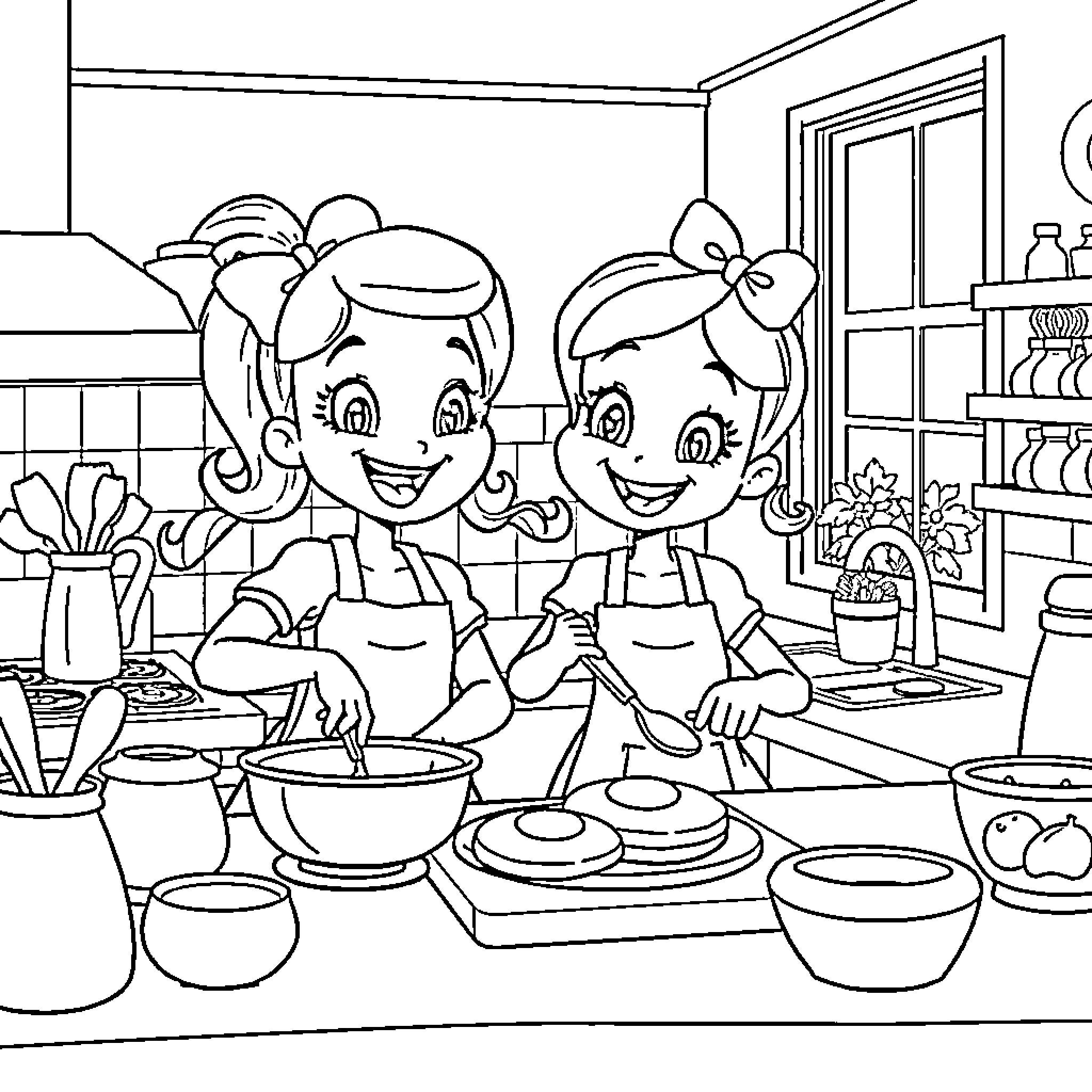 Bluey and Bingo baking together in the kitchen Coloring Page (free black-and-white line drawing printable PDF for all, from beginners to advanced learners, including children, teens, adults, and seniors)
