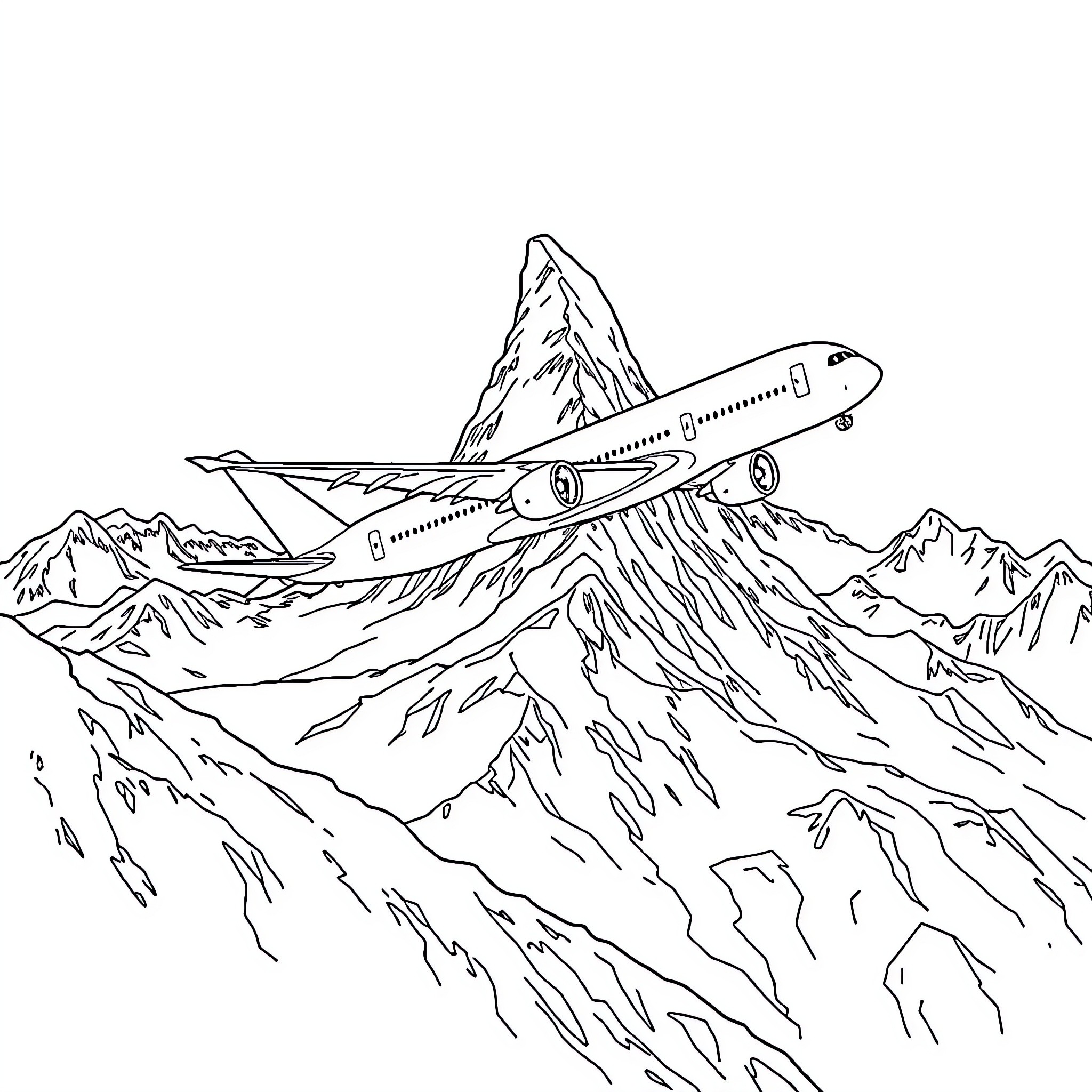 A380 flying over mountainous terrain Coloring Page (free black-and-white line drawing printable PDF for all, from beginners to advanced learners, including children, teens, adults, and seniors)