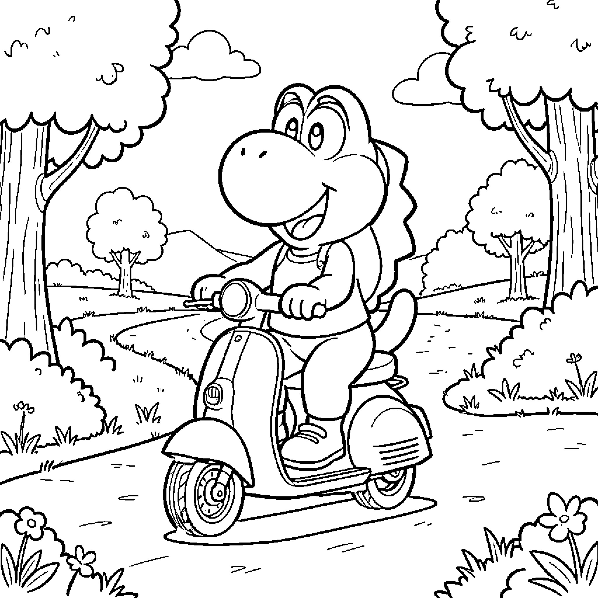 Yoshi happily riding a scooter in the forest Coloring Page (free black-and-white line drawing printable PDF for all, from beginners to advanced learners, including children, teens, adults, and seniors)