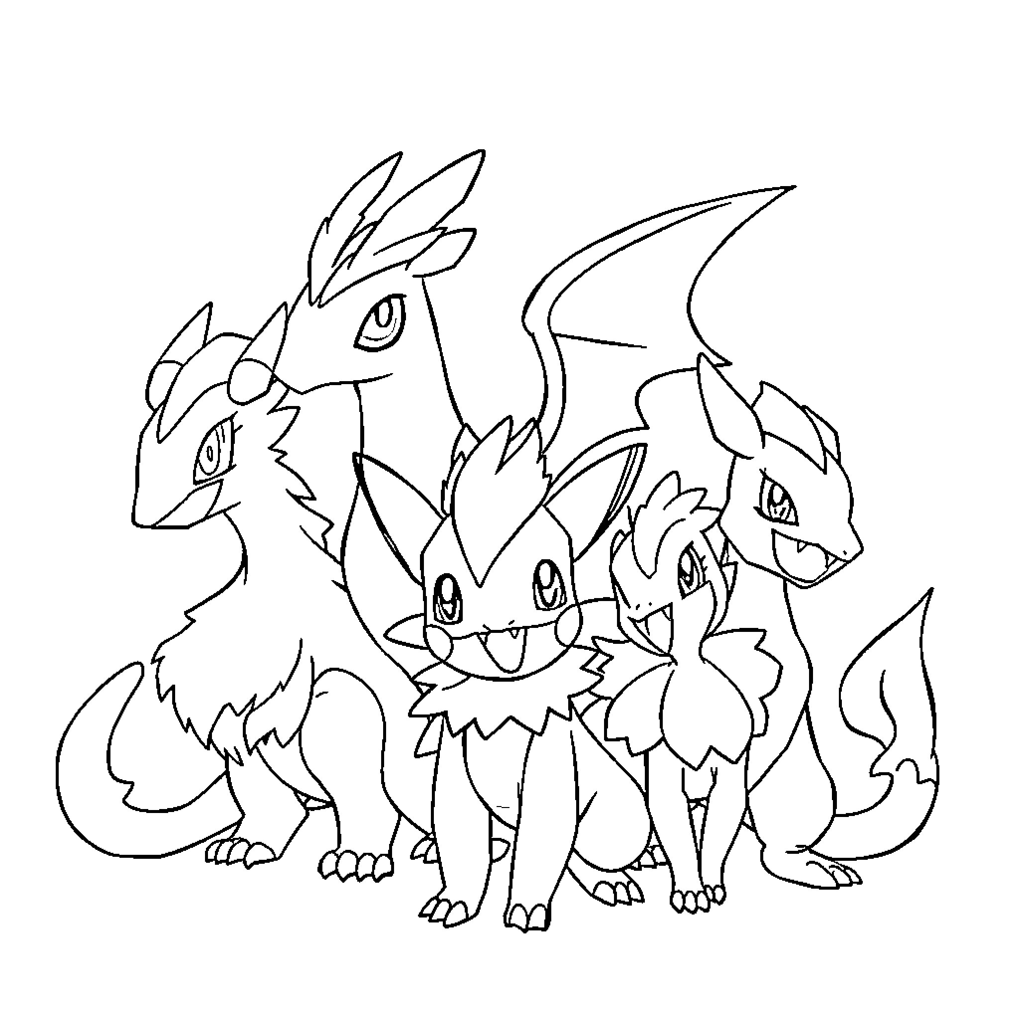 Pokémon characters in an action-packed scene Coloring Page (free black-and-white line drawing printable PDF for all, from beginners to advanced learners, including children, teens, adults, and seniors)