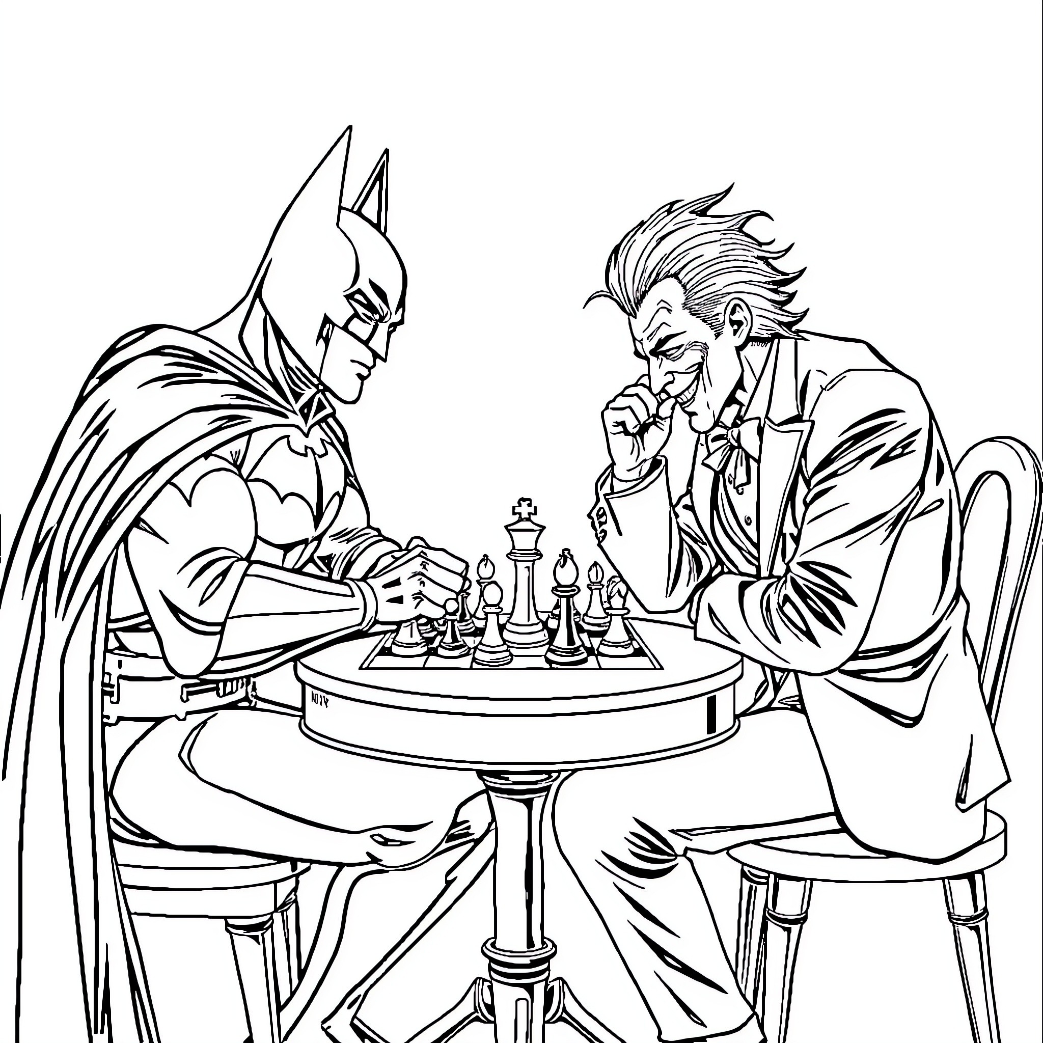 Batman and Joker engaged in an intense chess match Coloring Page (free black-and-white line drawing printable PDF for all, from beginners to advanced learners, including children, teens, adults, and seniors)