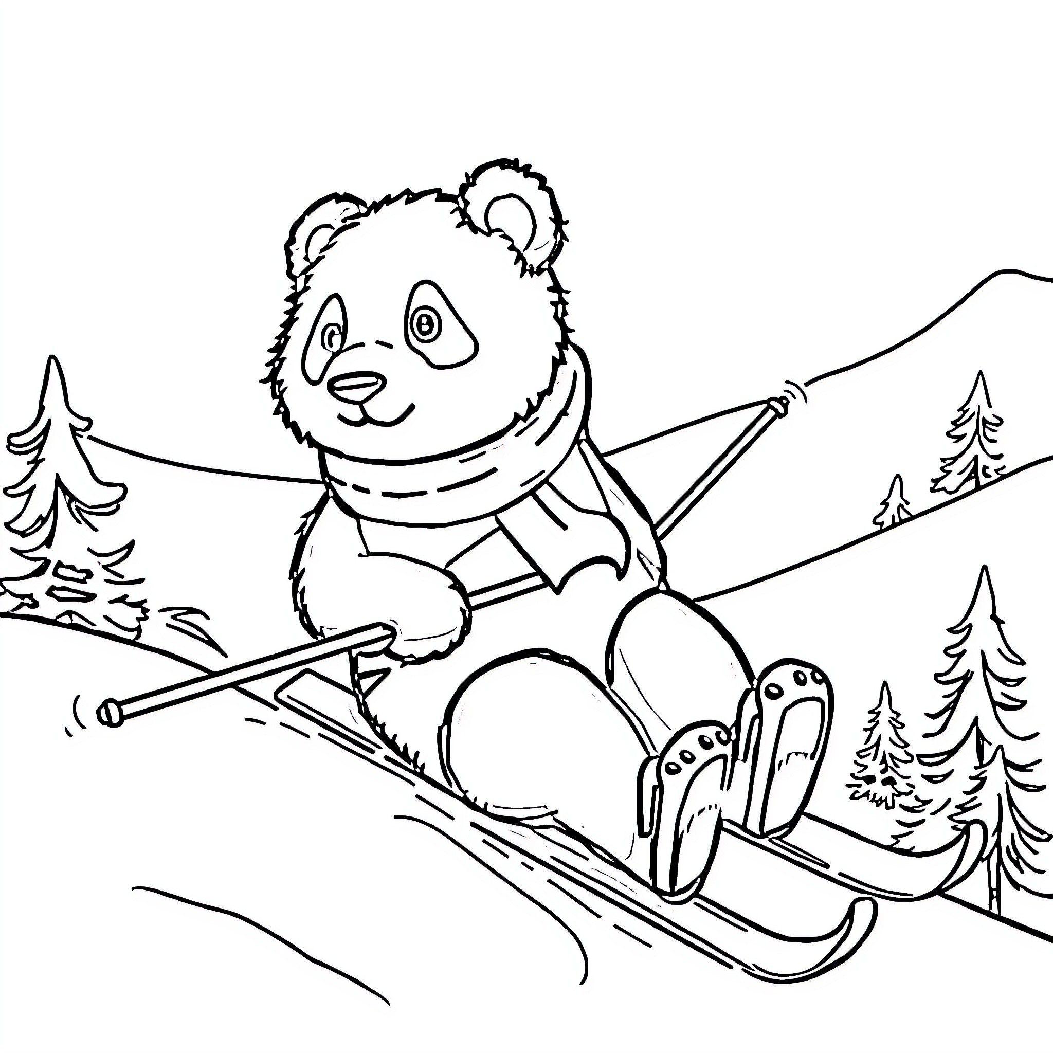 Panda enjoying a snowy ski adventure Coloring Page (free black-and-white line drawing printable PDF for all, from beginners to advanced learners, including children, teens, adults, and seniors)