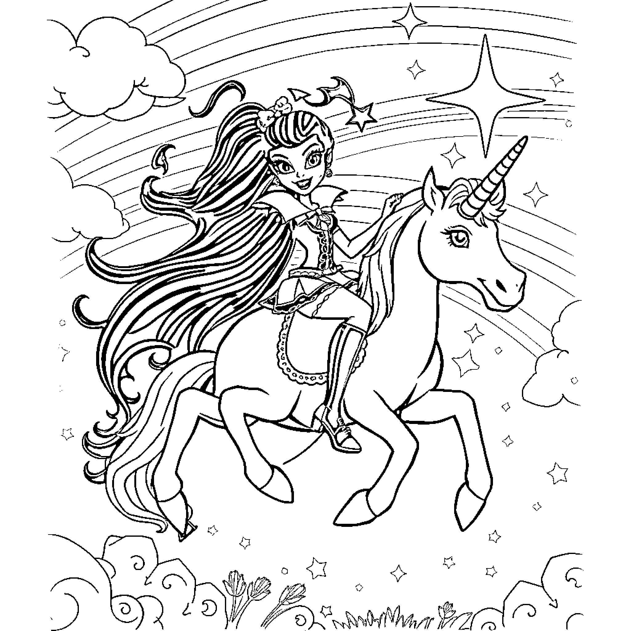 Draculaura riding a unicorn in a magical scene Coloring Page (free black-and-white line drawing printable PDF for all, from beginners to advanced learners, including children, teens, adults, and seniors)