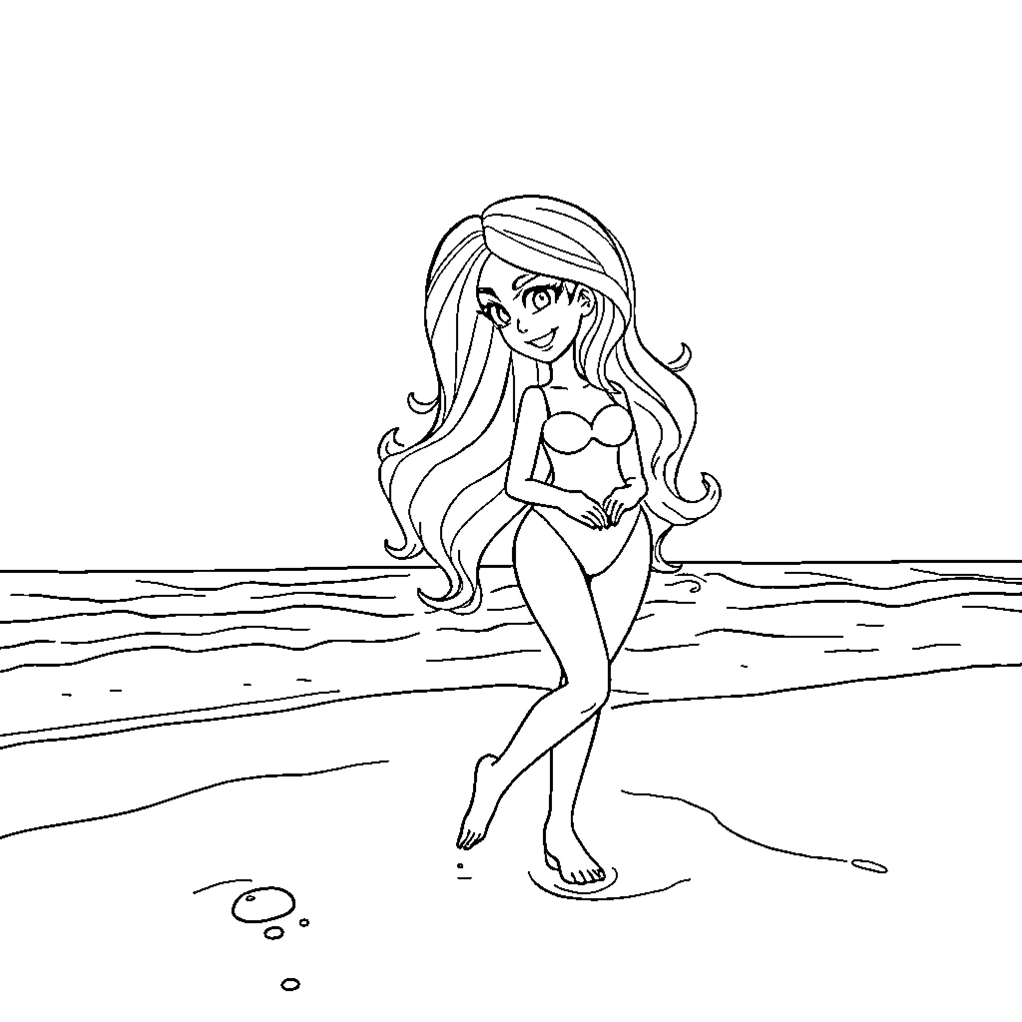 Daisy enjoying a day at the beach Coloring Page (free black-and-white line drawing printable PDF for all, from beginners to advanced learners, including children, teens, adults, and seniors)