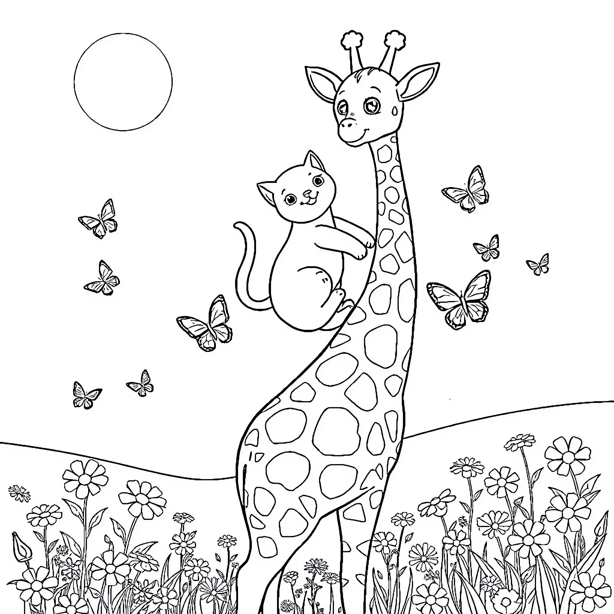 Cat and Giraffe Playing with Butterflies in Meadow Coloring Page (free black-and-white line drawing printable PDF for all, from beginners to advanced learners, including children, teens, adults, and seniors)
