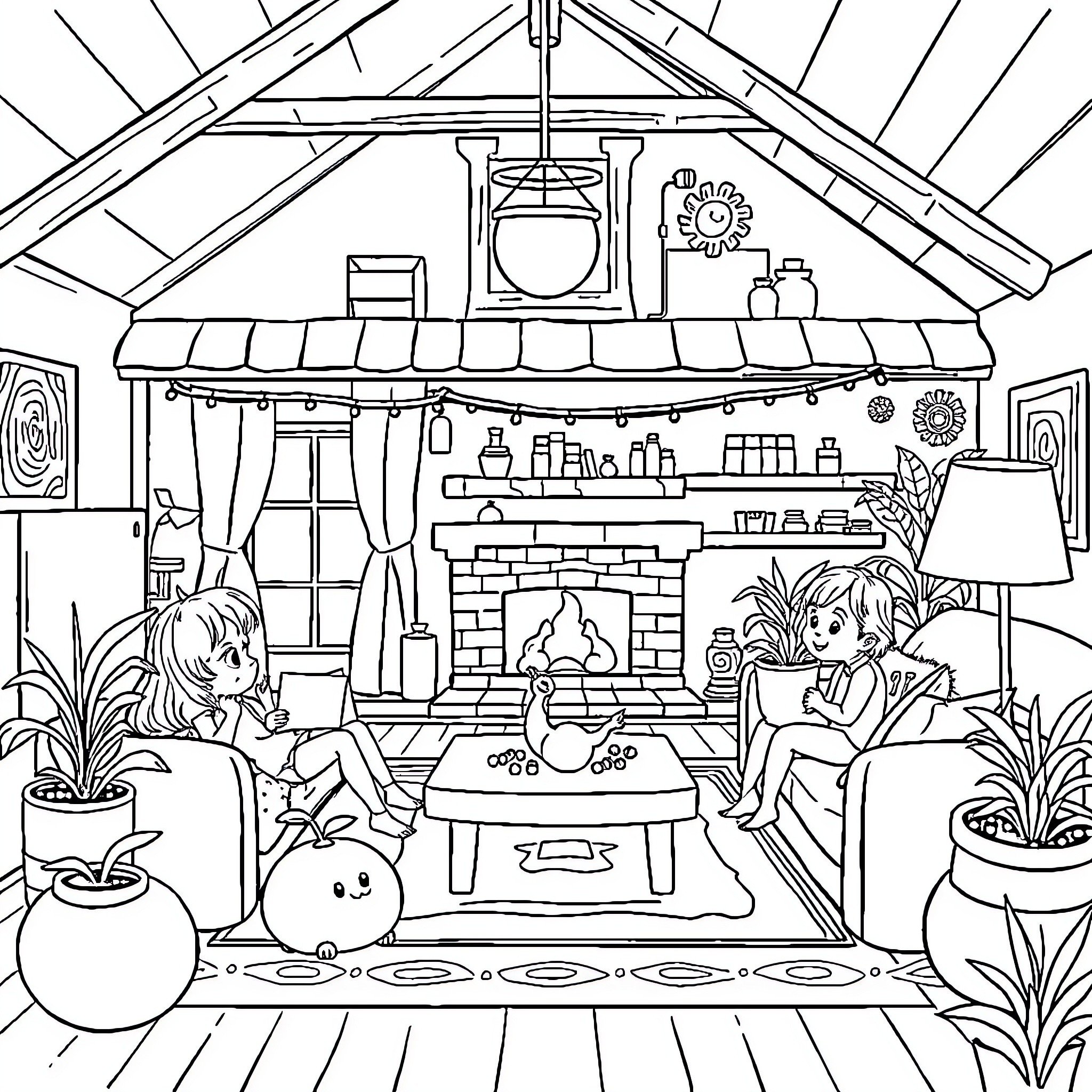 Gaby's Cozy Cottage Retreat Coloring Page (free black-and-white line drawing printable PDF for all, from beginners to advanced learners, including children, teens, adults, and seniors)