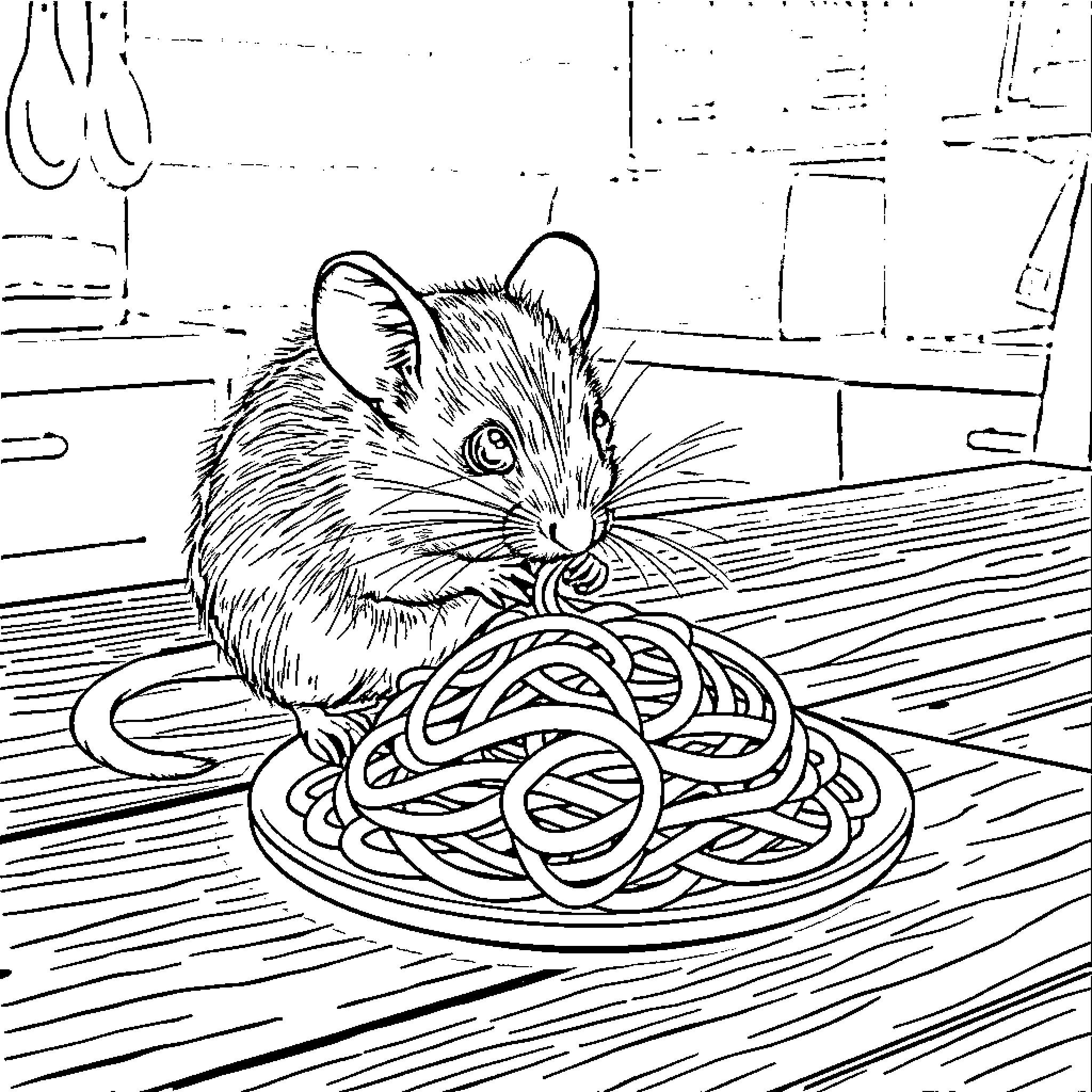 Mouse eating spaghetti on the table Coloring Page (free black-and-white line drawing printable PDF for all, from beginners to advanced learners, including children, teens, adults, and seniors)