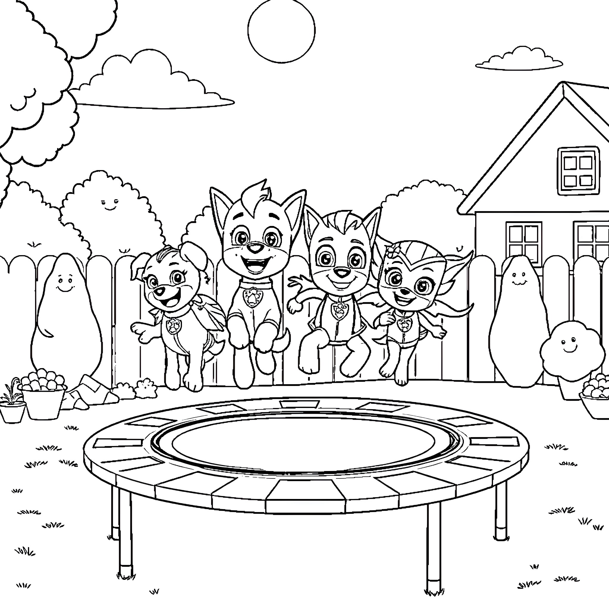 Paw Patrol characters playing outdoors Coloring Page (free black-and-white line drawing printable PDF for all, from beginners to advanced learners, including children, teens, adults, and seniors)