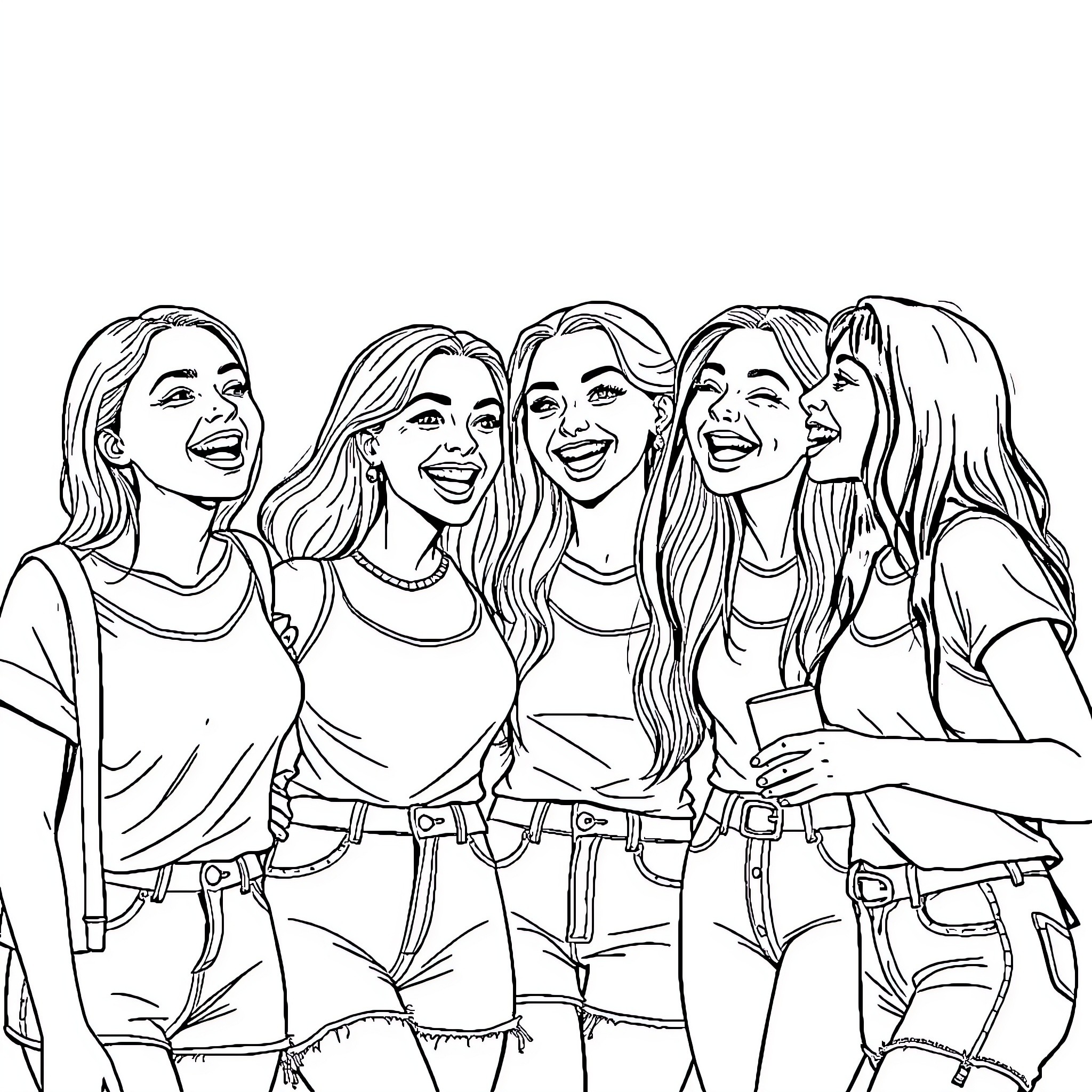 Teen friends bonding and enjoying time together Coloring Page (free black-and-white line drawing printable PDF for all, from beginners to advanced learners, including children, teens, adults, and seniors)