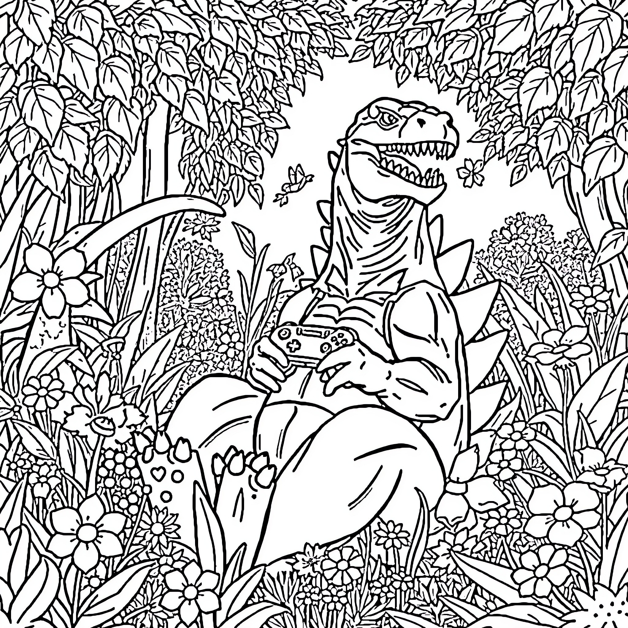 Godzilla in a Lush Jungle Landscape Coloring Page (free black-and-white line drawing printable PDF for all, from beginners to advanced learners, including children, teens, adults, and seniors)