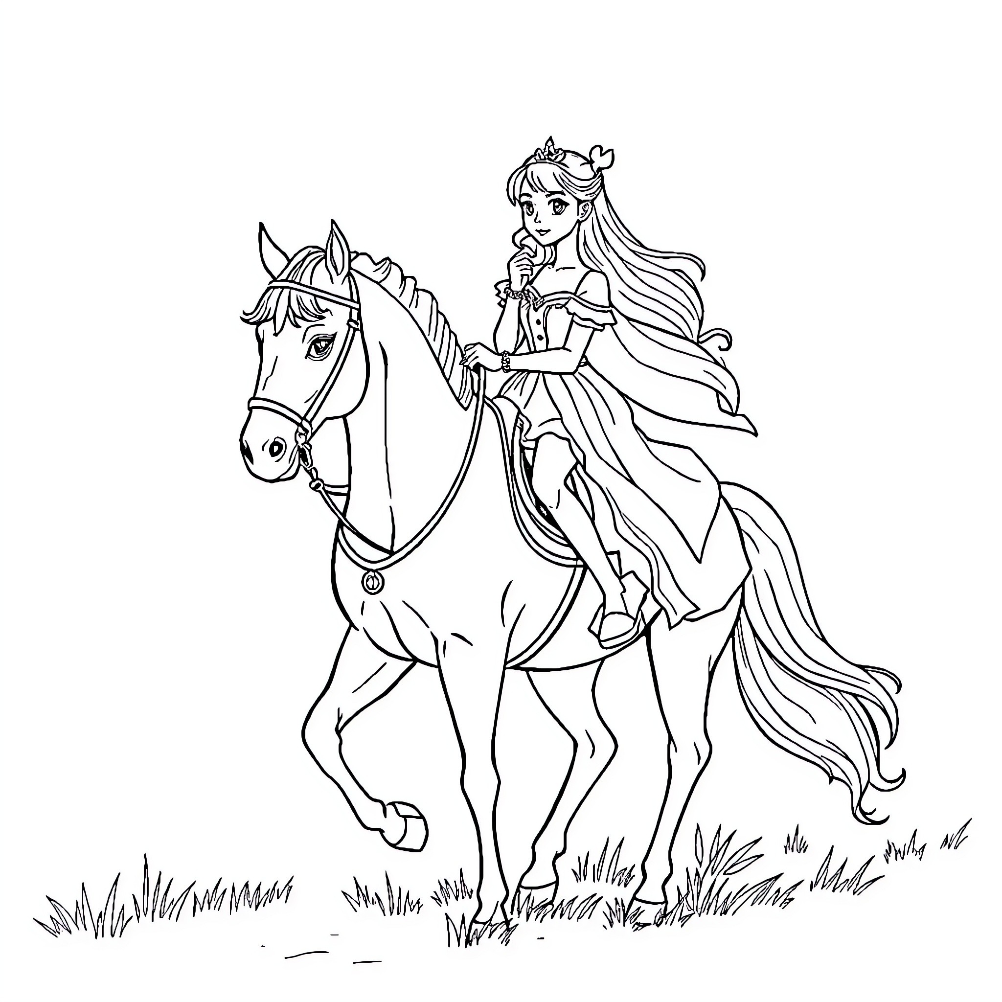 Princess on a Majestic Steed Coloring Page (free black-and-white line drawing printable PDF for all, from beginners to advanced learners, including children, teens, adults, and seniors)