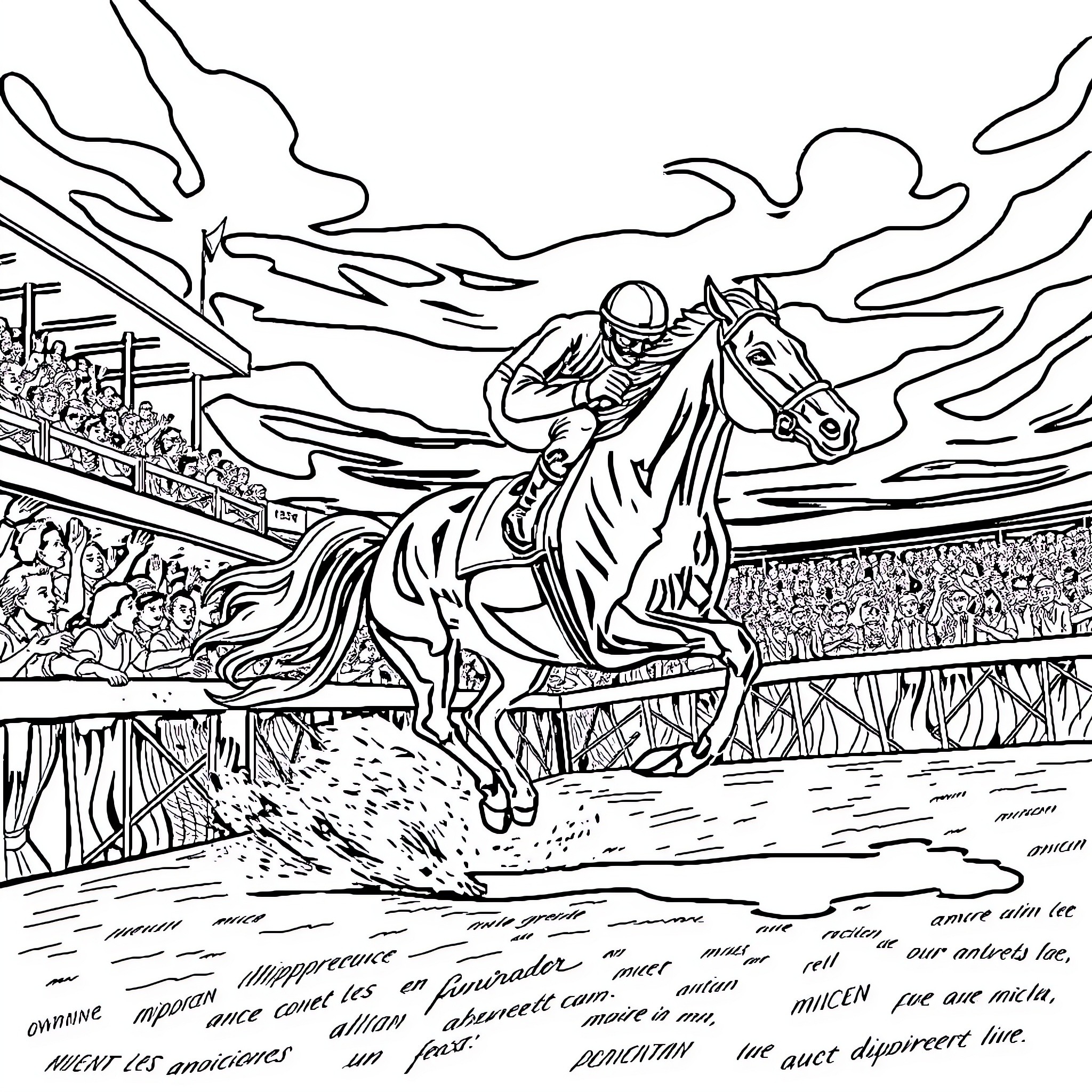 Horse racing around a track with jockey Coloring Page (free black-and-white line drawing printable PDF for all, from beginners to advanced learners, including children, teens, adults, and seniors)