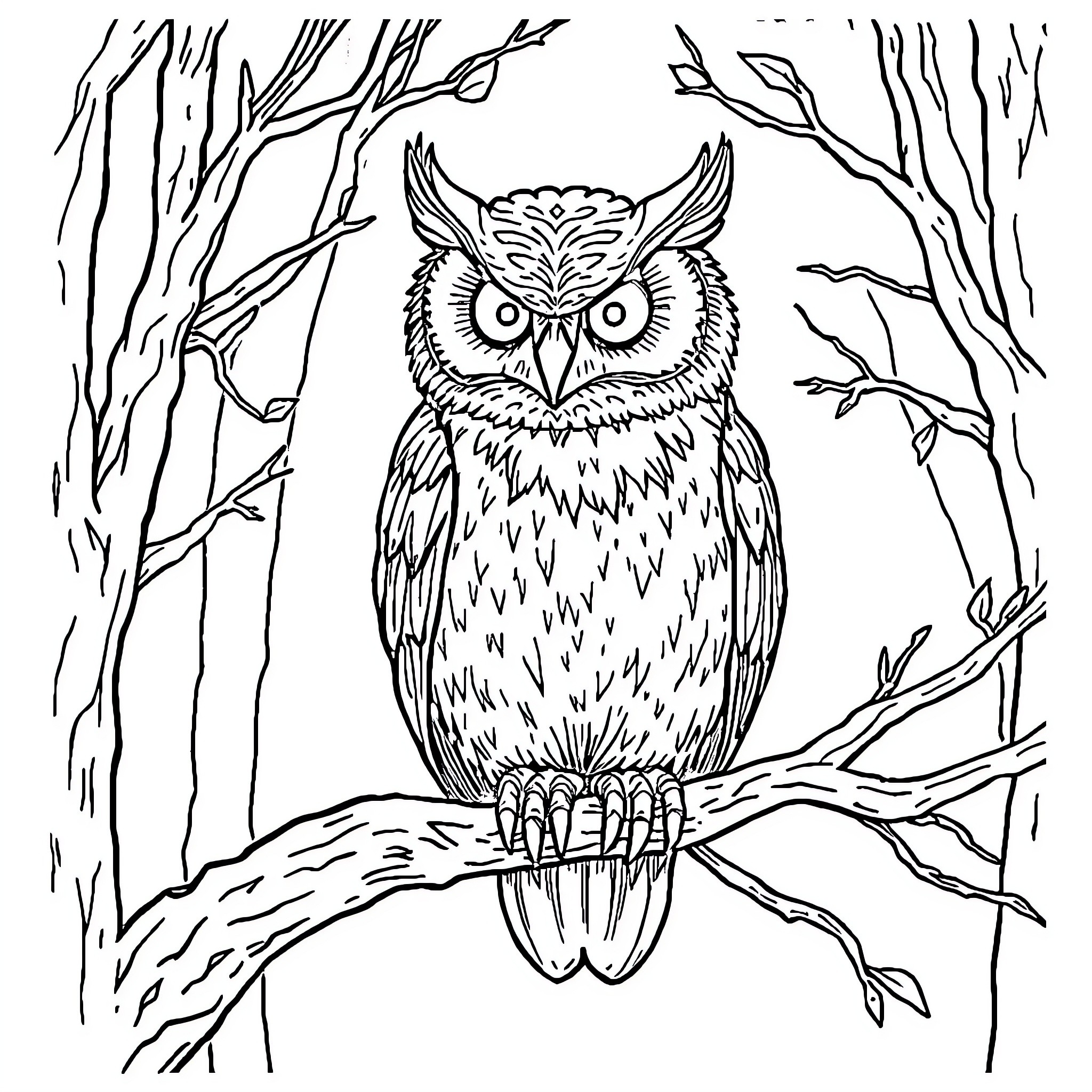 Owl perched in mystical forest scene Coloring Page (free black-and-white line drawing printable PDF for all, from beginners to advanced learners, including children, teens, adults, and seniors)