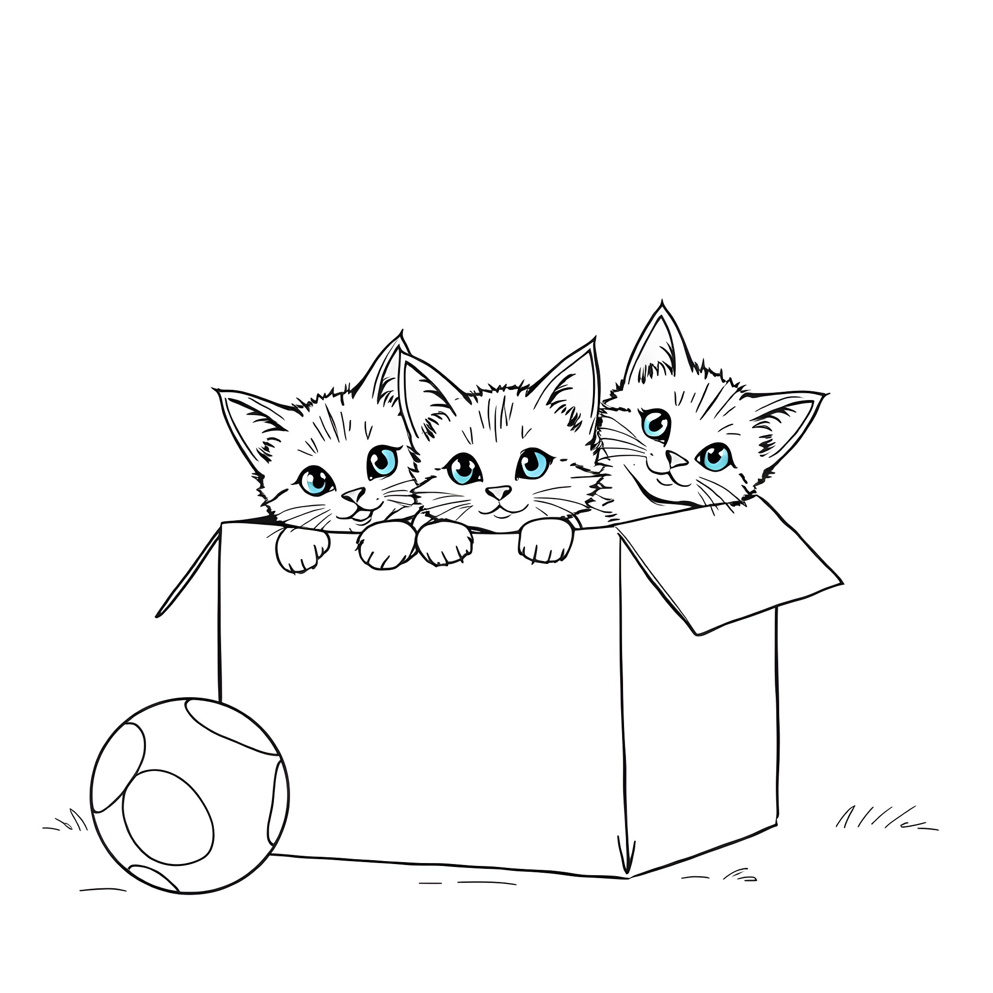 Cat kittens playing in the cardboard box Coloring Page (free black-and-white line drawing printable PDF for all, from beginners to advanced learners, including children, teens, adults, and seniors)