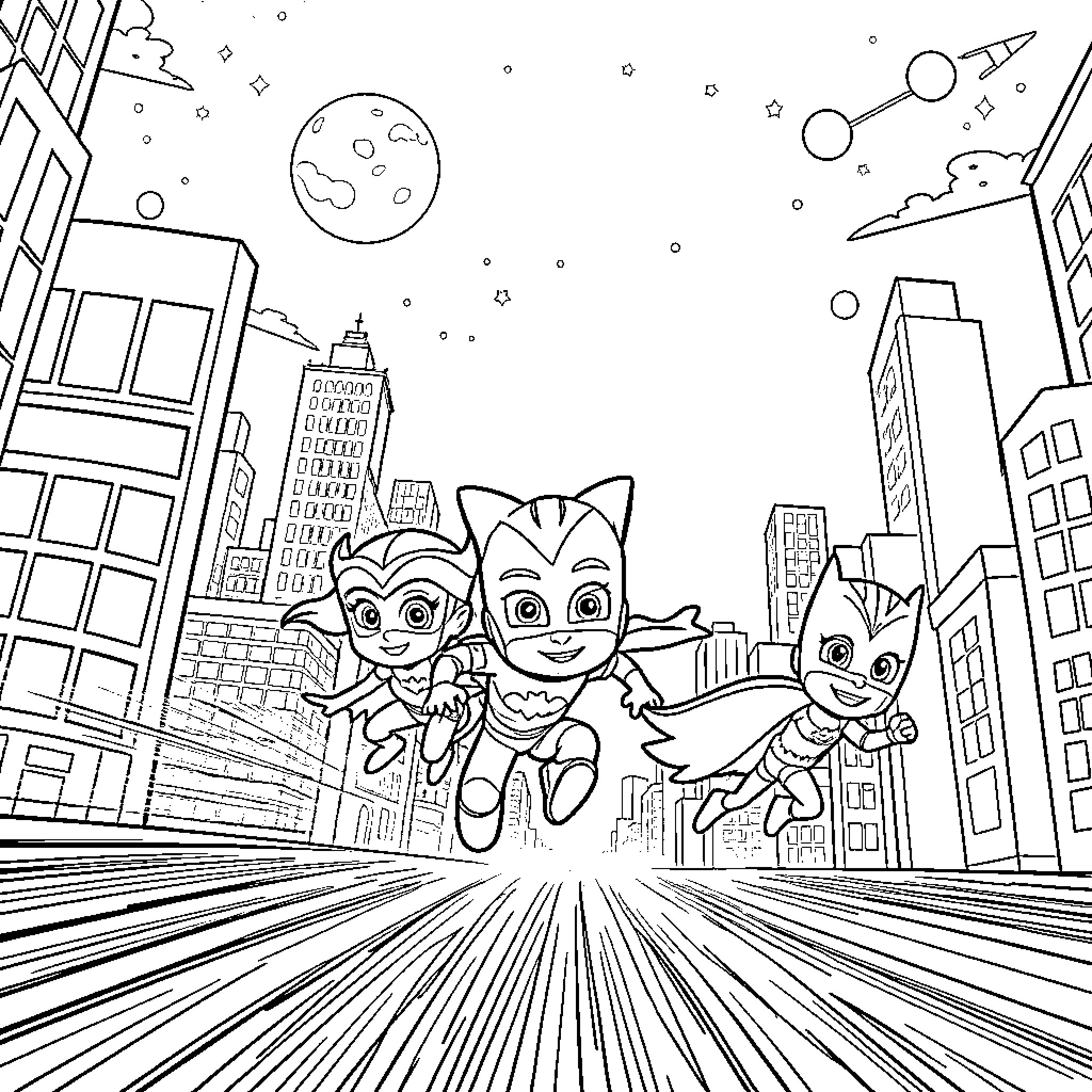 Pj Masks characters flying over the city Coloring Page (free black-and-white line drawing printable PDF for all, from beginners to advanced learners, including children, teens, adults, and seniors)