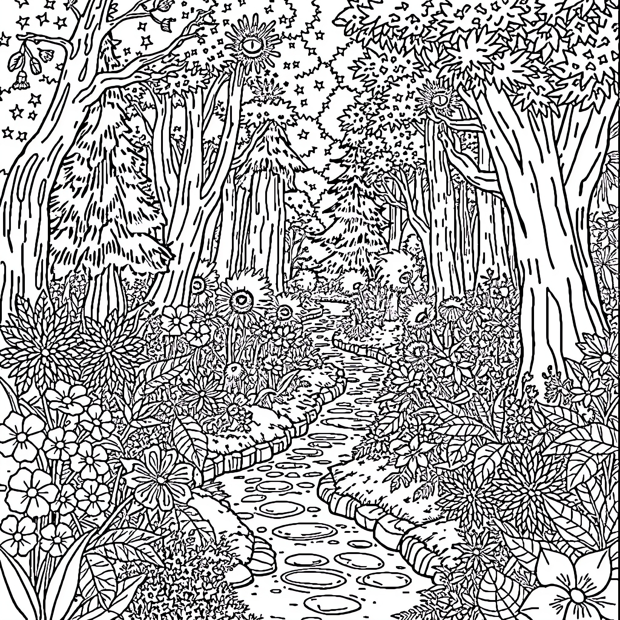 Garden of Whimsical Wonders Coloring Page (free black-and-white line drawing printable PDF for all, from beginners to advanced learners, including children, teens, adults, and seniors)