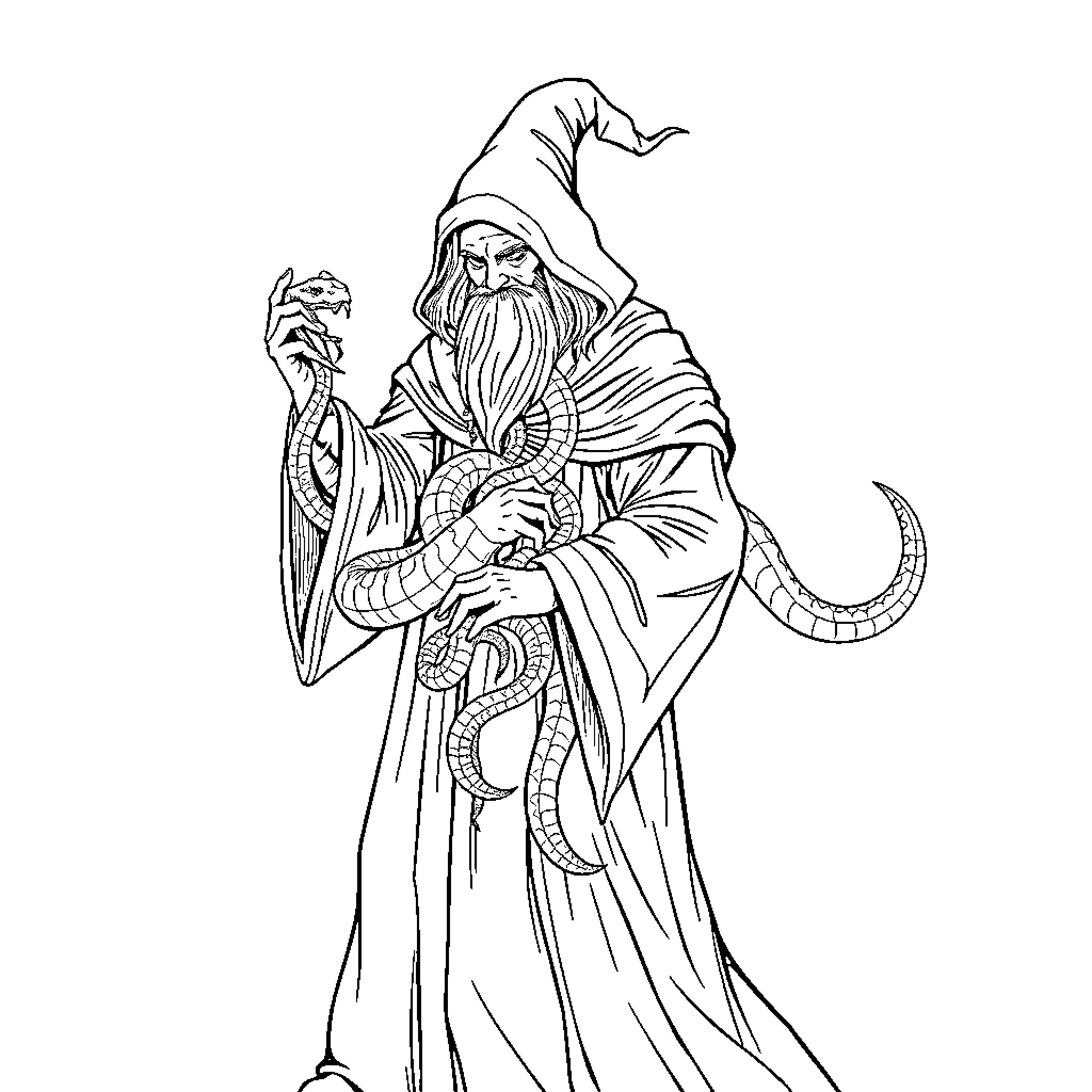 Snake-wielding wizard in mystical robes Coloring Page (free black-and-white line drawing printable PDF for all, from beginners to advanced learners, including children, teens, adults, and seniors)