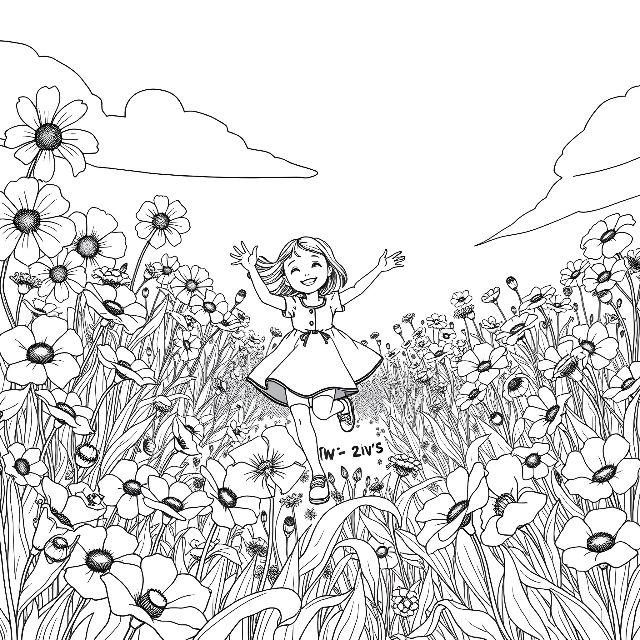 Girl exploring a field of flowers Coloring Page (free black-and-white line drawing printable PDF for all, from beginners to advanced learners, including children, teens, adults, and seniors)