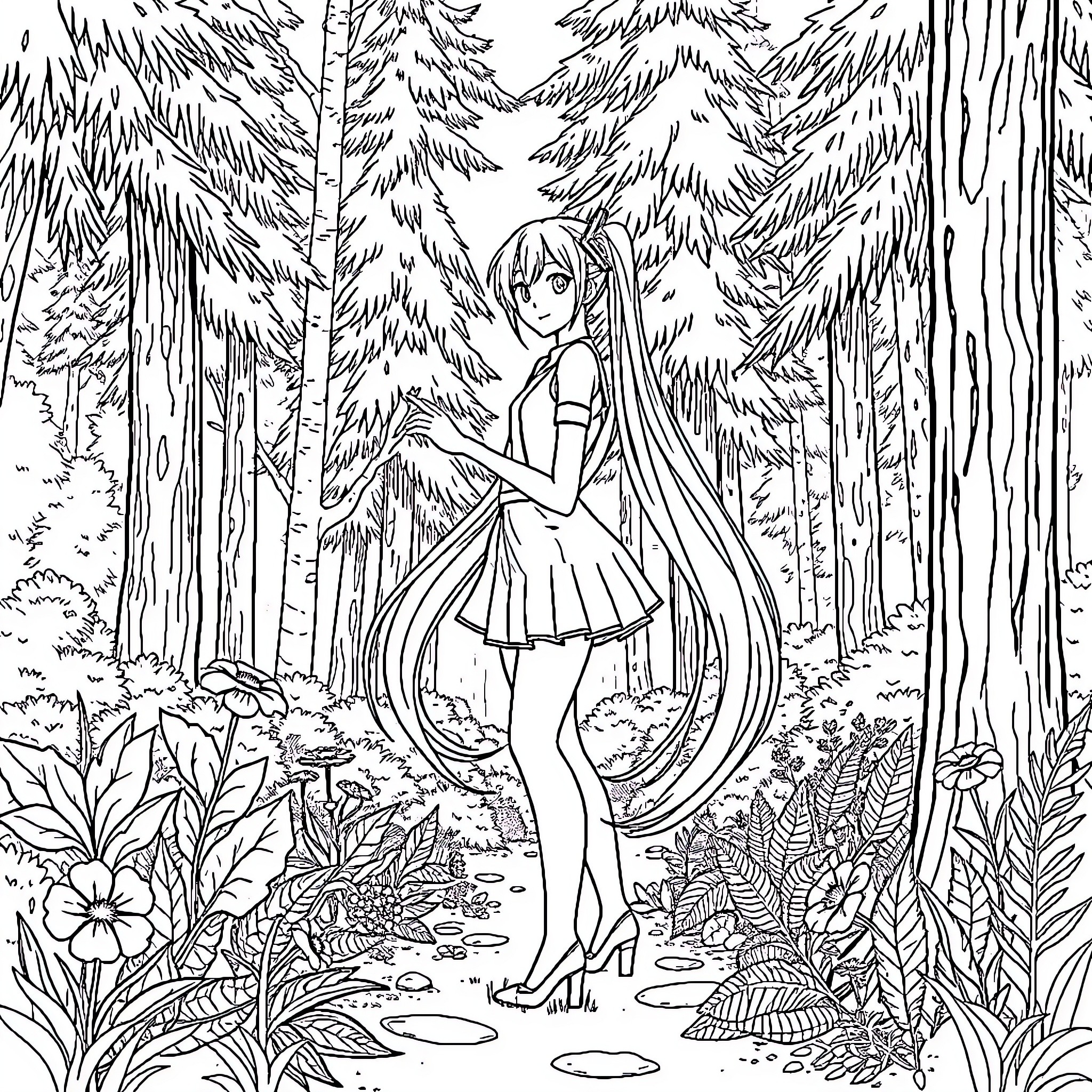 Hatsune Miku exploring a mystical forest Coloring Page (free black-and-white line drawing printable PDF for all, from beginners to advanced learners, including children, teens, adults, and seniors)