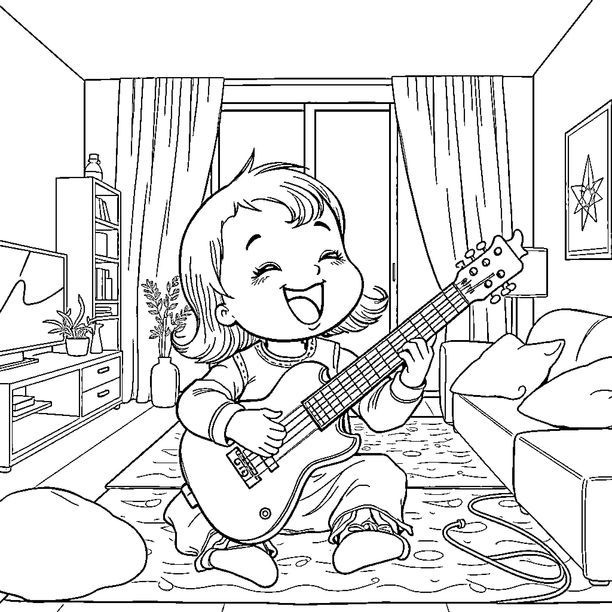 Baby Girl Strumming Cheerfully on Guitar Coloring Page (free black-and-white line drawing printable PDF for all, from beginners to advanced learners, including children, teens, adults, and seniors)