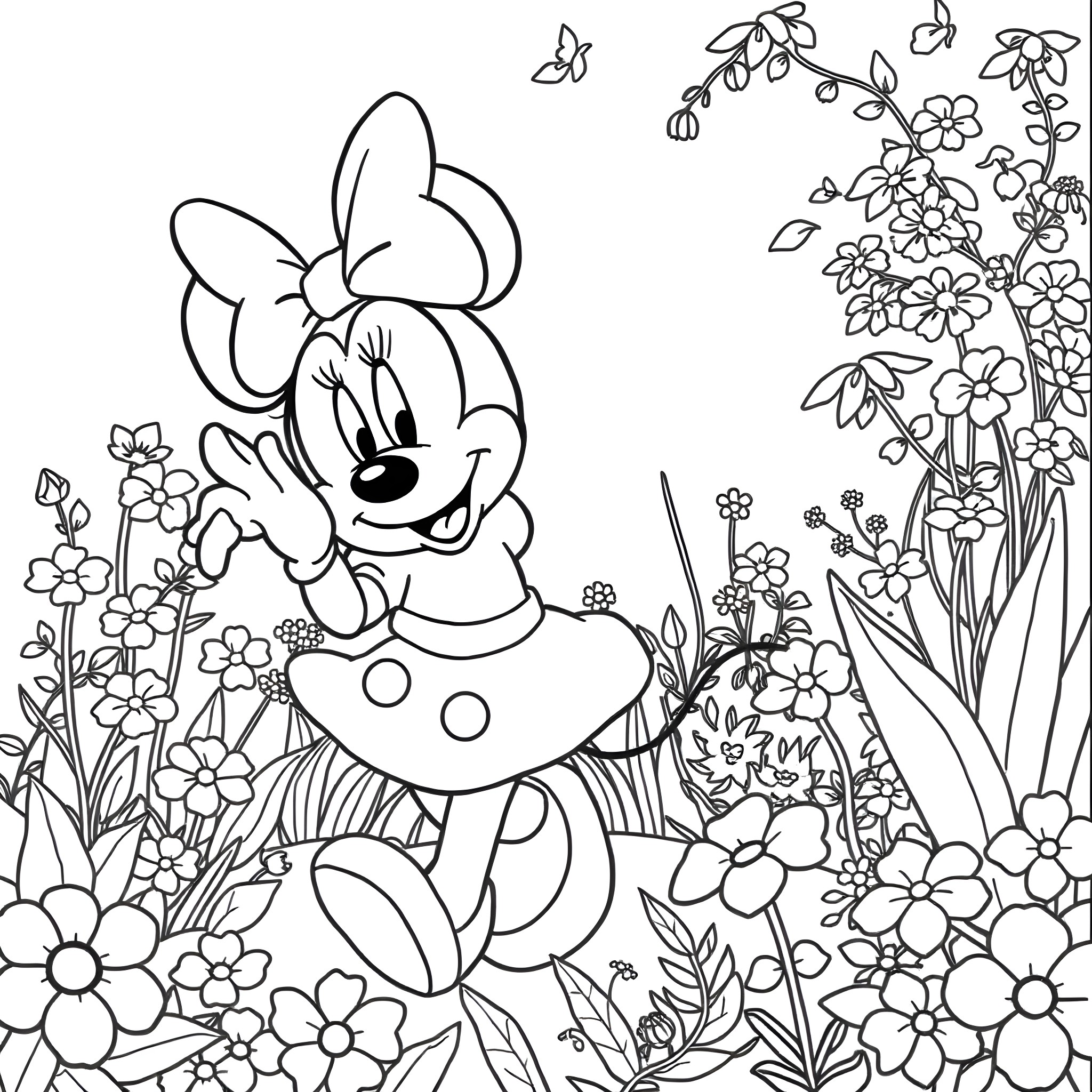 Minnie Mouse exploring the floral garden Coloring Page (free black-and-white line drawing printable PDF for all, from beginners to advanced learners, including children, teens, adults, and seniors)