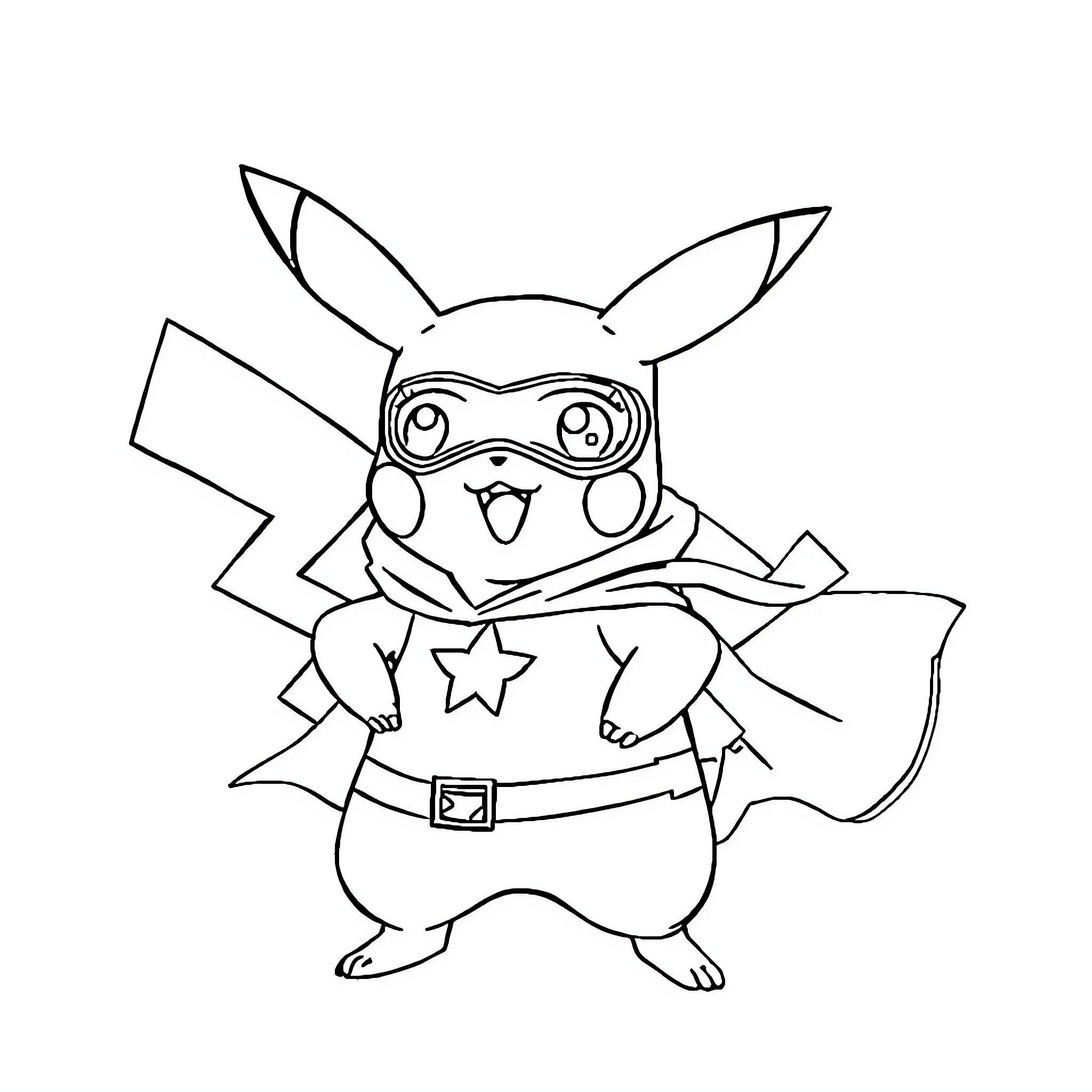 Pikachu as a superhero with mask and cape Coloring Page (free black-and-white line drawing printable PDF for all, from beginners to advanced learners, including children, teens, adults, and seniors)