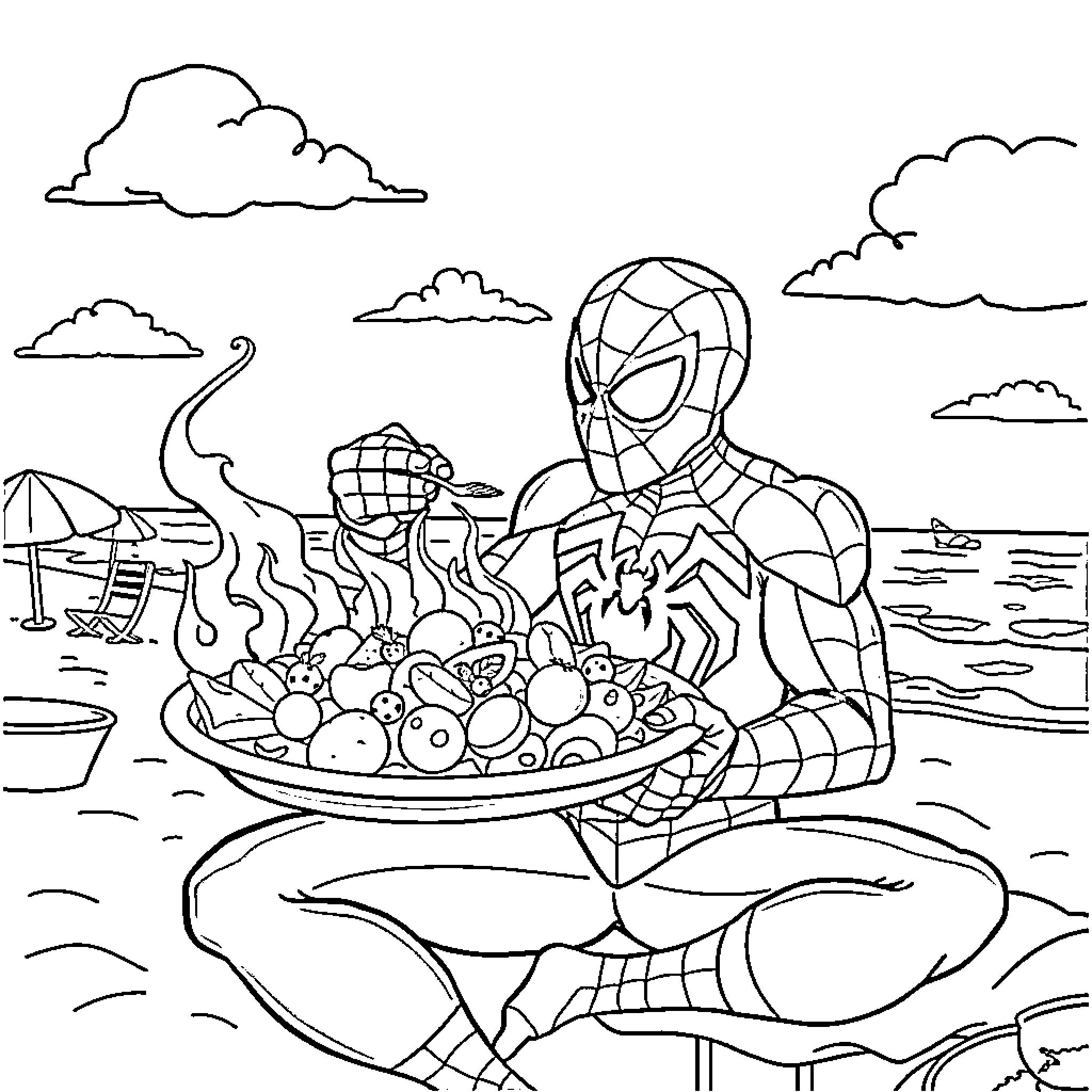 Spider-Man enjoying a picnic by the ocean Coloring Page (free black-and-white line drawing printable PDF for all, from beginners to advanced learners, including children, teens, adults, and seniors)