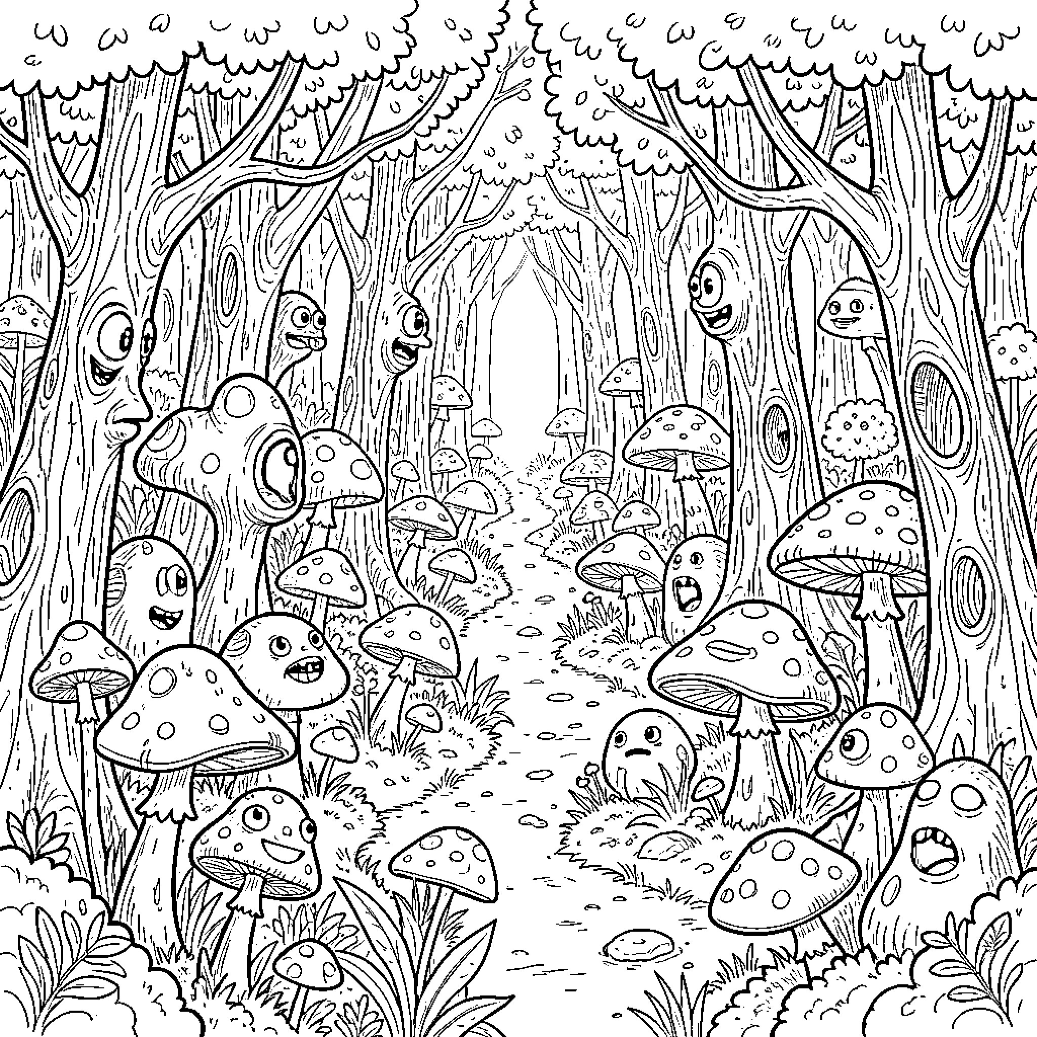 Forest with whimsical anthropomorphic mushrooms and trees Coloring Page (free black-and-white line drawing printable PDF for all, from beginners to advanced learners, including children, teens, adults, and seniors)