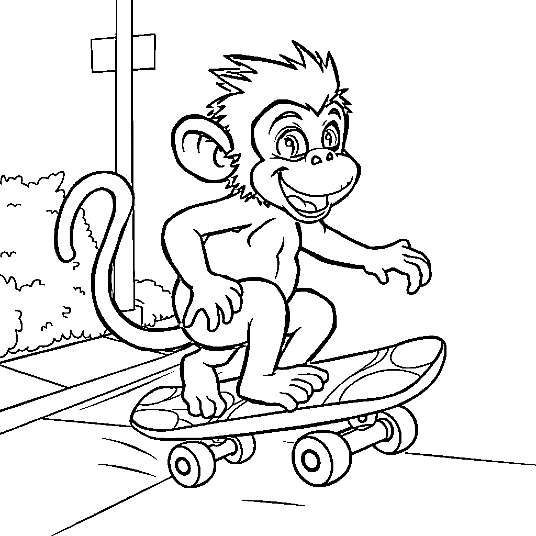 Monkey riding a skateboard happily Coloring Page (free black-and-white line drawing printable PDF for all, from beginners to advanced learners, including children, teens, adults, and seniors)