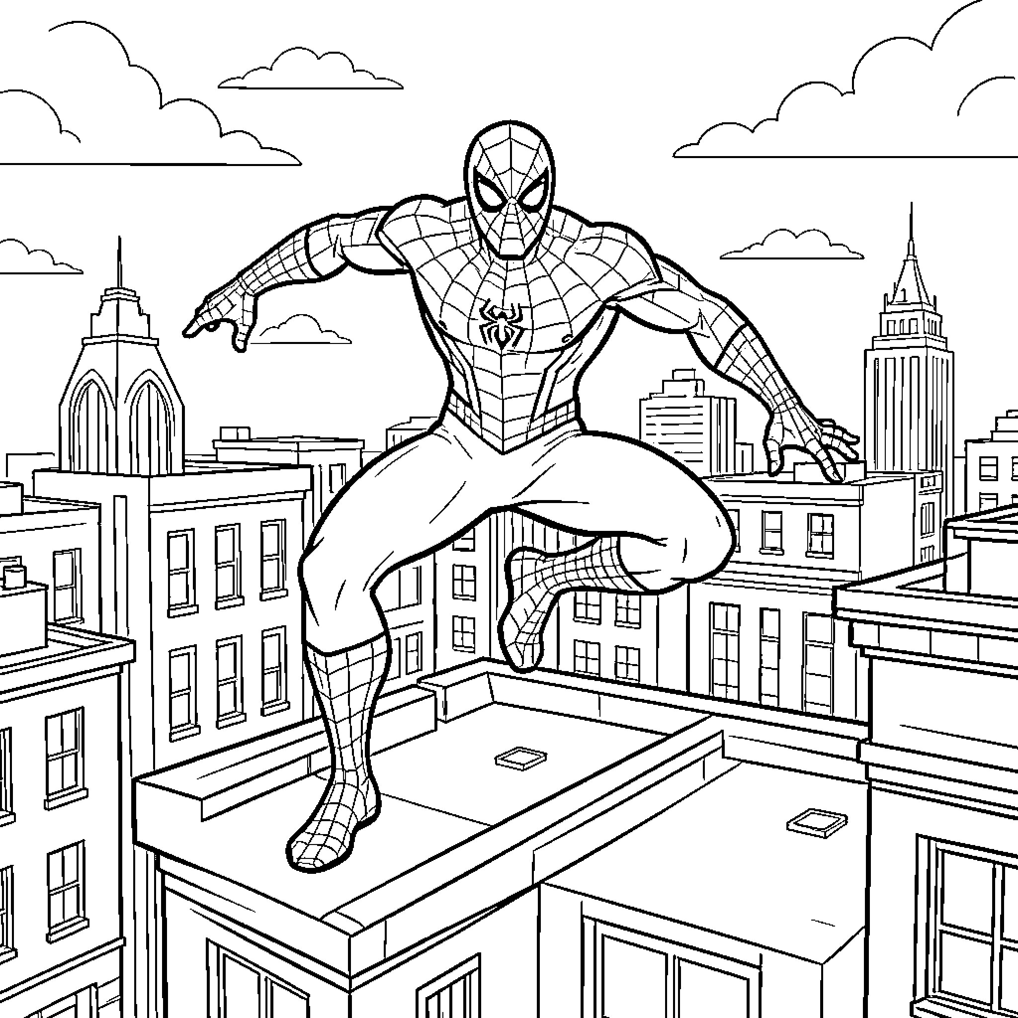 Spider hero posing heroically on a city rooftop Coloring Page (free black-and-white line drawing printable PDF for all, from beginners to advanced learners, including children, teens, adults, and seniors)