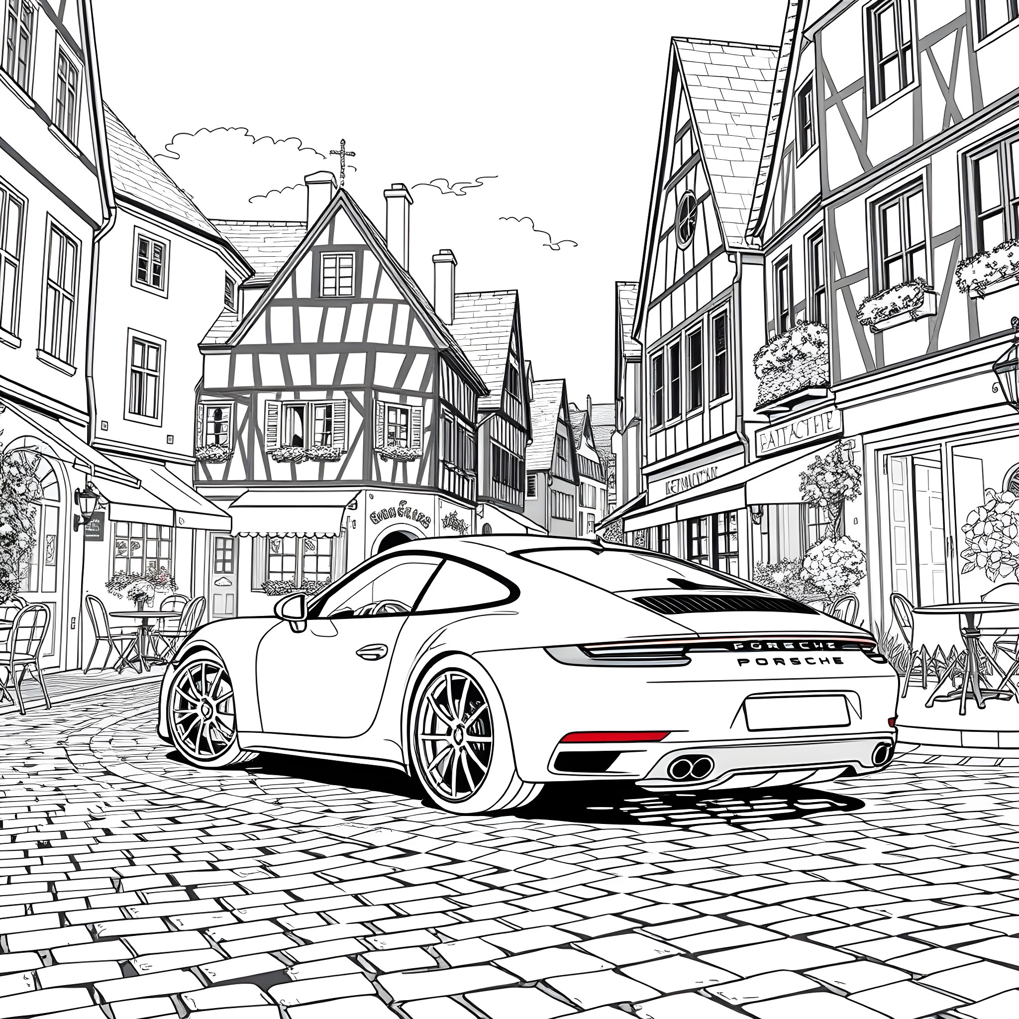 Porsche parked on cobblestone street in quaint town Coloring Page (free black-and-white line drawing printable PDF for all, from beginners to advanced learners, including children, teens, adults, and seniors)