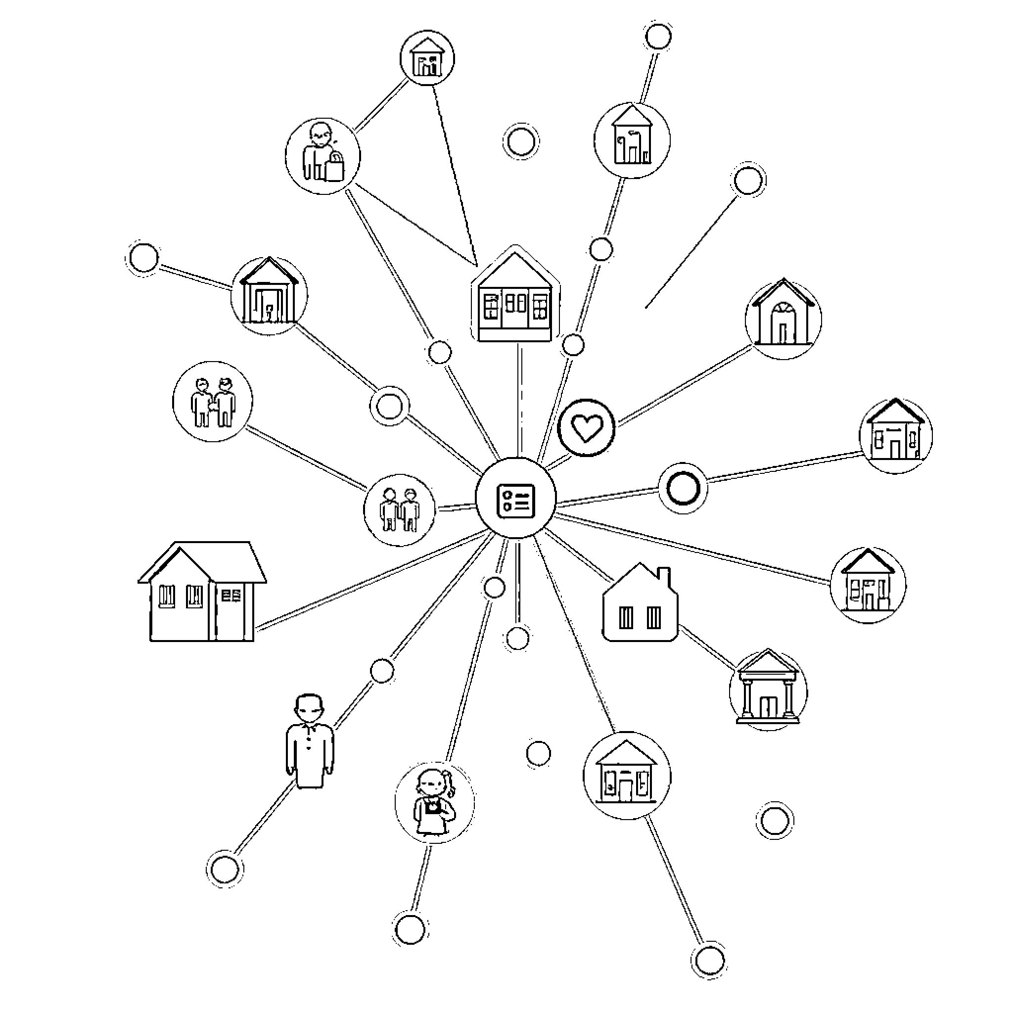 Teacher's Interconnected Community of Homes and People Coloring Page (free black-and-white line drawing printable PDF for all, from beginners to advanced learners, including children, teens, adults, and seniors)