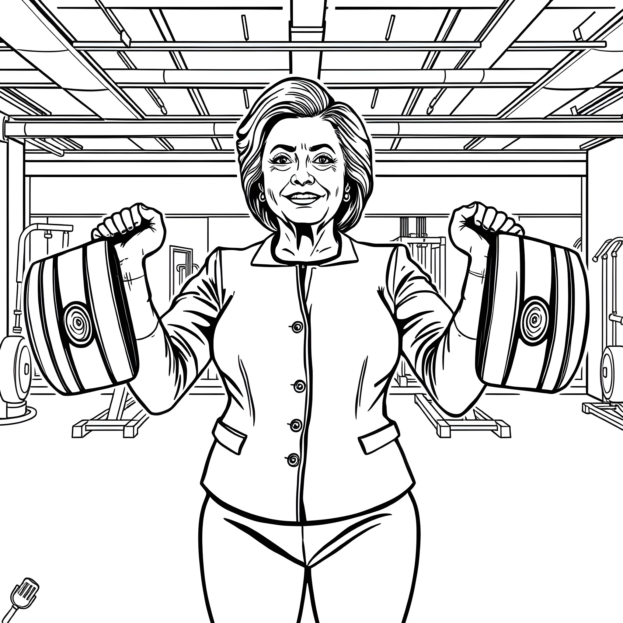 Hillary Clinton Flexing Strength and Power Coloring Page (free black-and-white line drawing printable PDF for all, from beginners to advanced learners, including children, teens, adults, and seniors)
