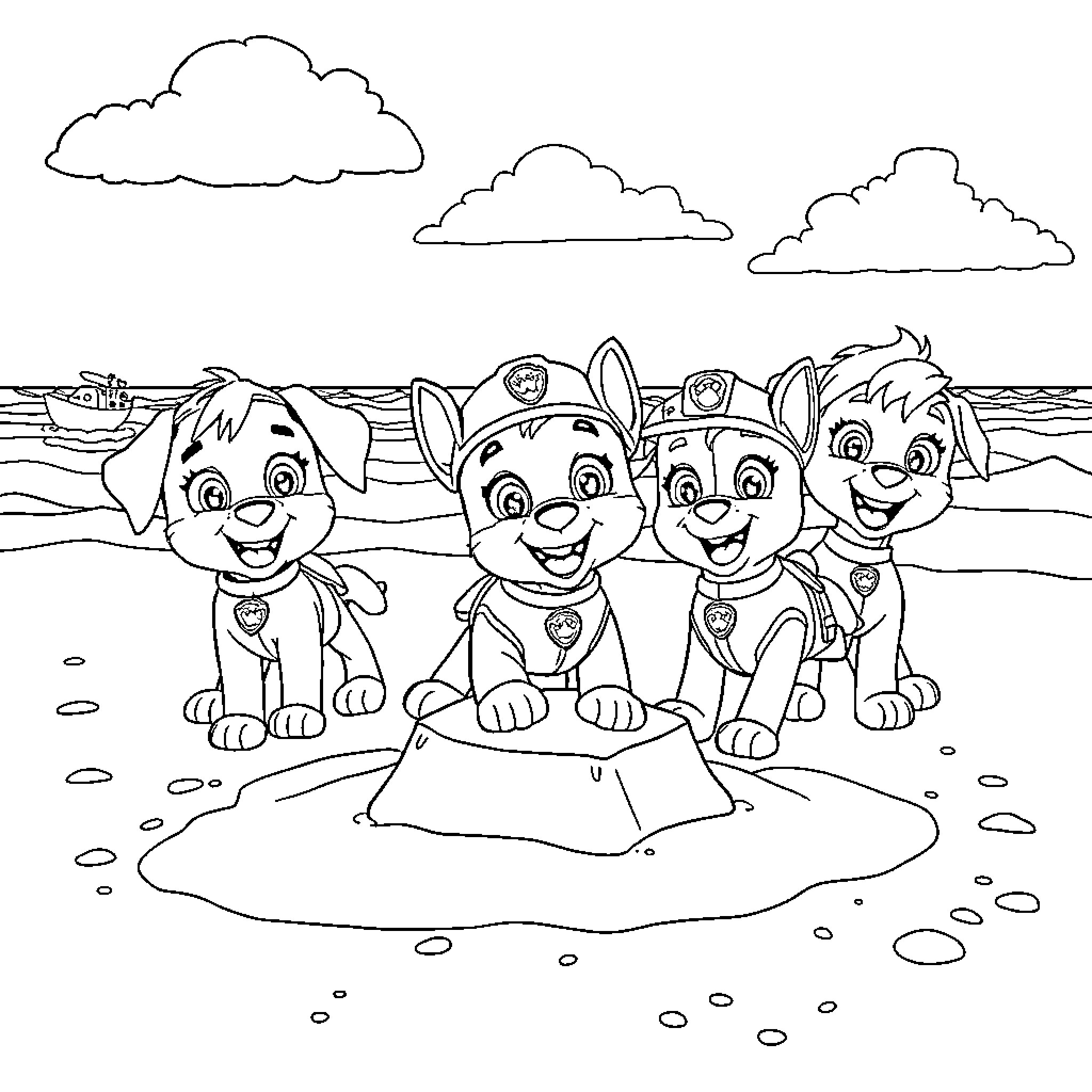 Paw Patrol Puppies Playing on the Beach Coloring Page (free black-and-white line drawing printable PDF for all, from beginners to advanced learners, including children, teens, adults, and seniors)