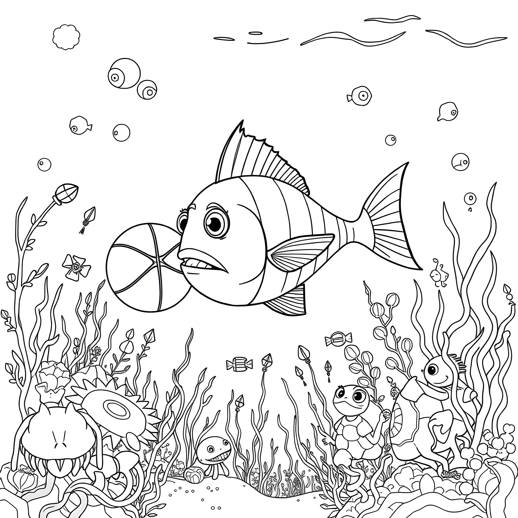 Angler Fish Swimming Playfully in the Sea Coloring Page (free black-and-white line drawing printable PDF for all, from beginners to advanced learners, including children, teens, adults, and seniors)