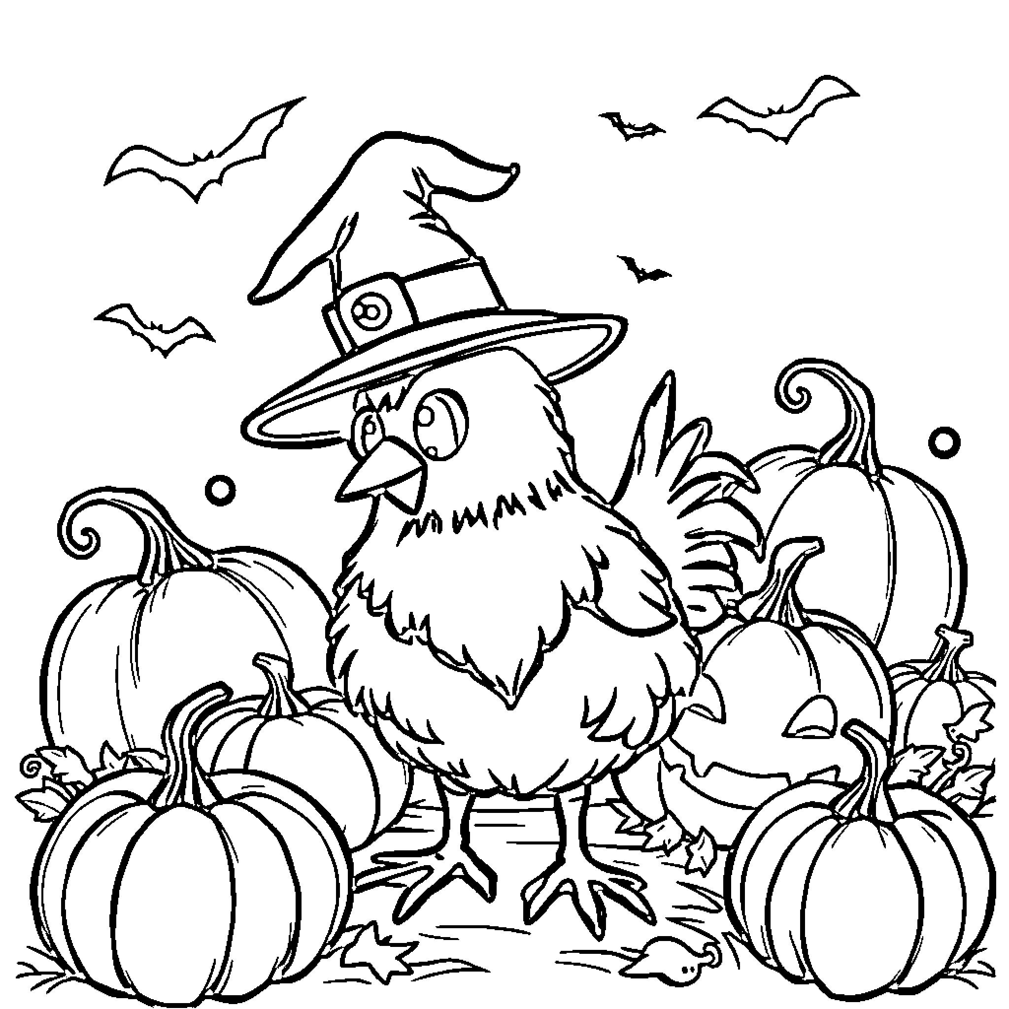 Chicken in a Witch Hat among Pumpkins and Bats Coloring Page (free black-and-white line drawing printable PDF for all, from beginners to advanced learners, including children, teens, adults, and seniors)