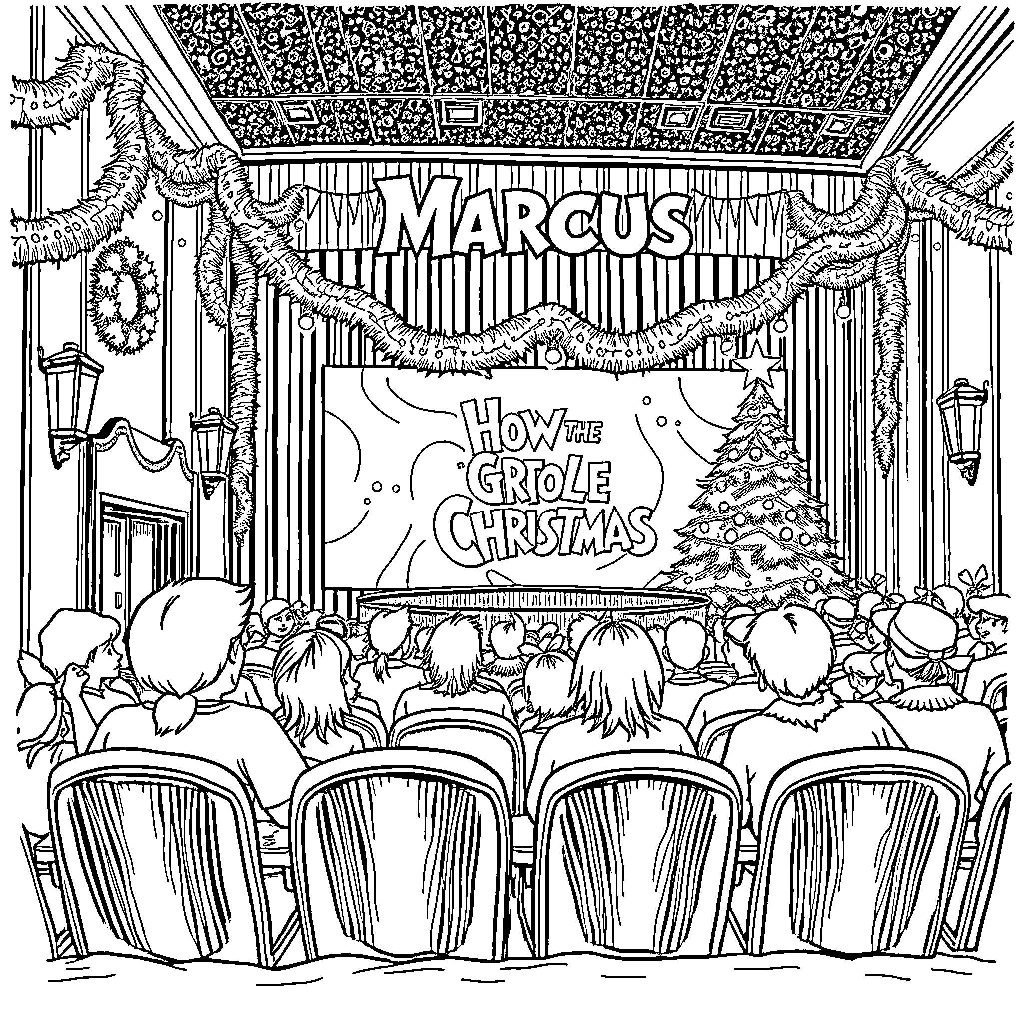 Grinch's Christmas show performance Coloring Page (free black-and-white line drawing printable PDF for all, from beginners to advanced learners, including children, teens, adults, and seniors)