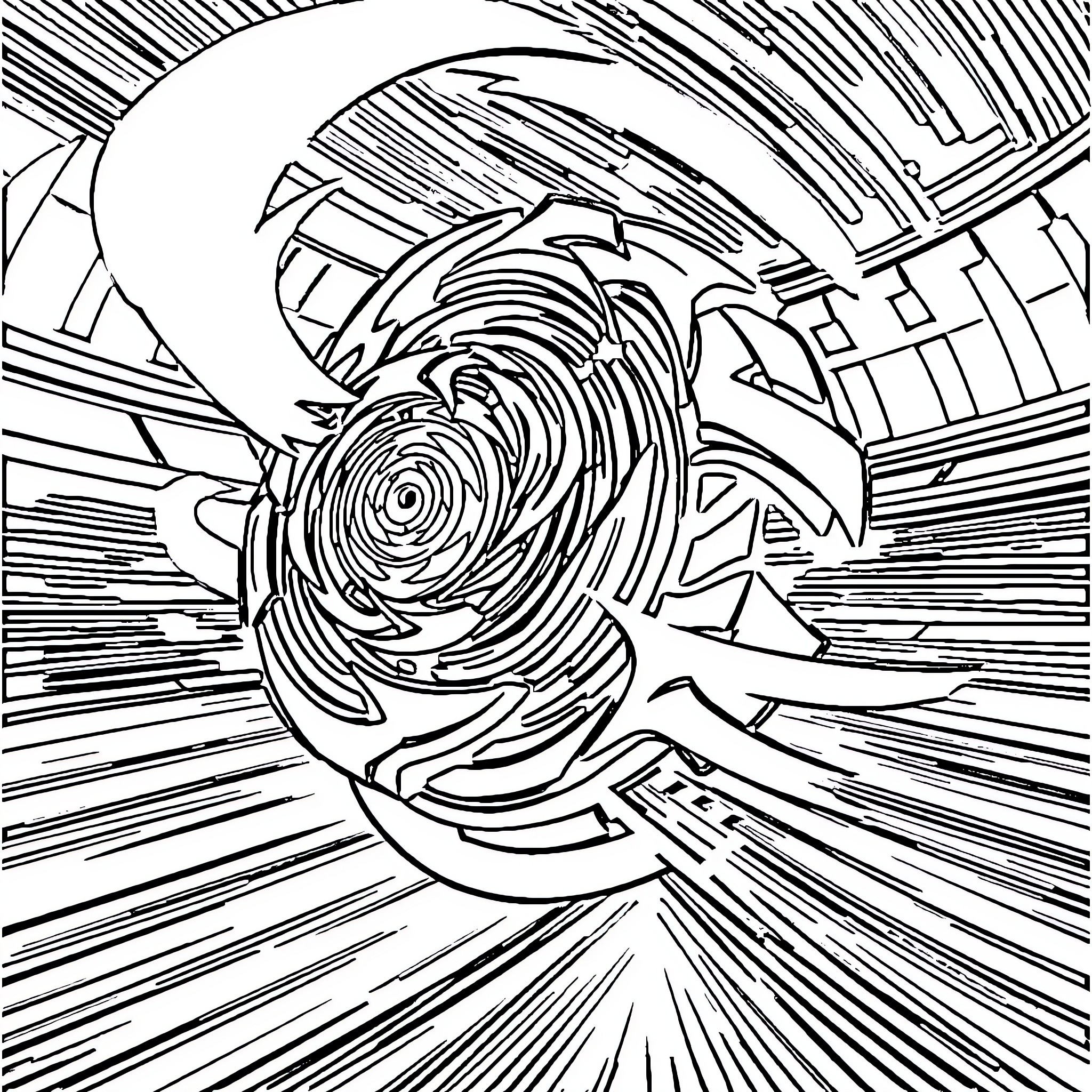 Beyblade spinning with intense motion and energy Coloring Page (free black-and-white line drawing printable PDF for all, from beginners to advanced learners, including children, teens, adults, and seniors)