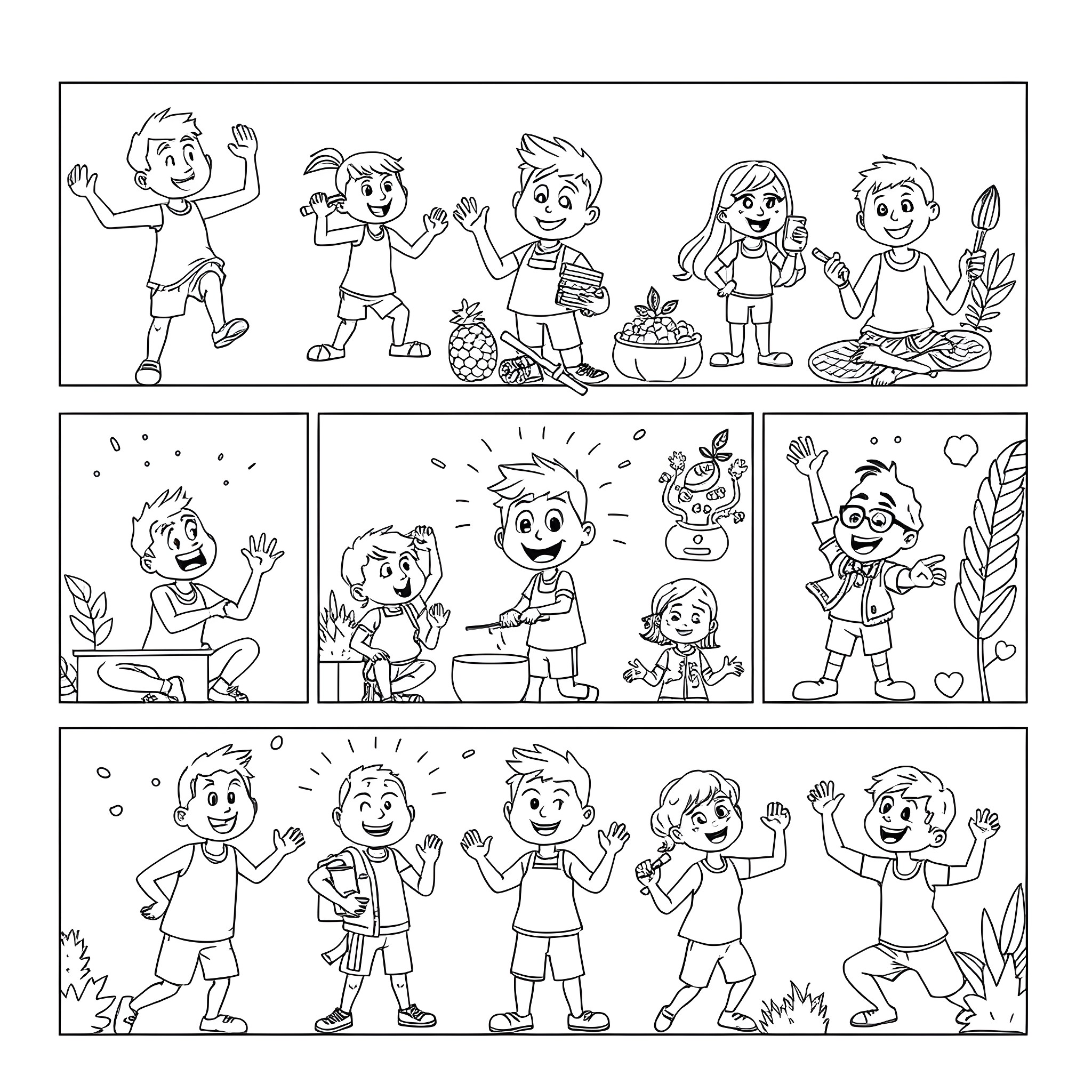 Health-focused scenes of children in active play and cooking Coloring Page (free black-and-white line drawing printable PDF for all, from beginners to advanced learners, including children, teens, adults, and seniors)