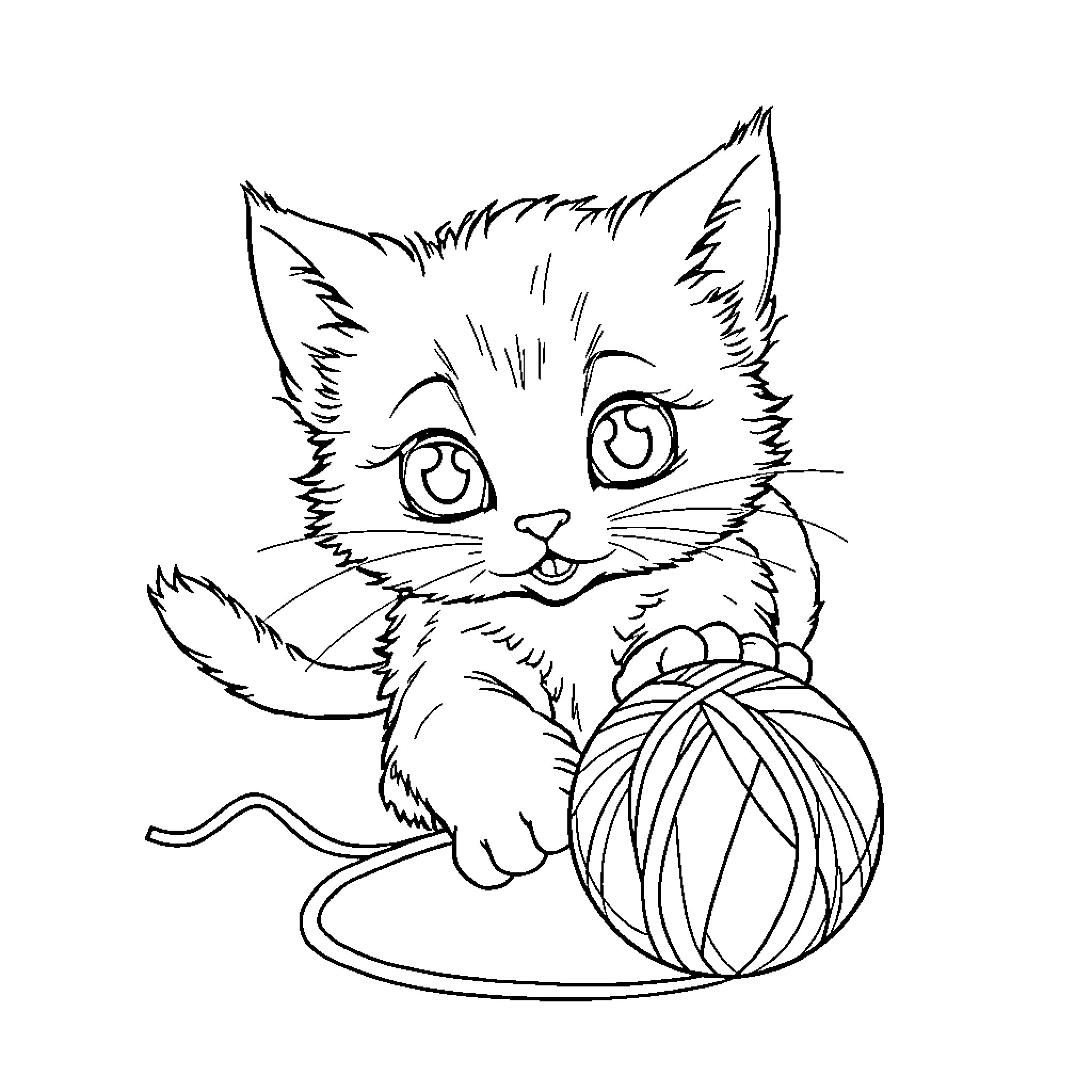Cat playing with a ball of yarn Coloring Page (free black-and-white line drawing printable PDF for all, from beginners to advanced learners, including children, teens, adults, and seniors)