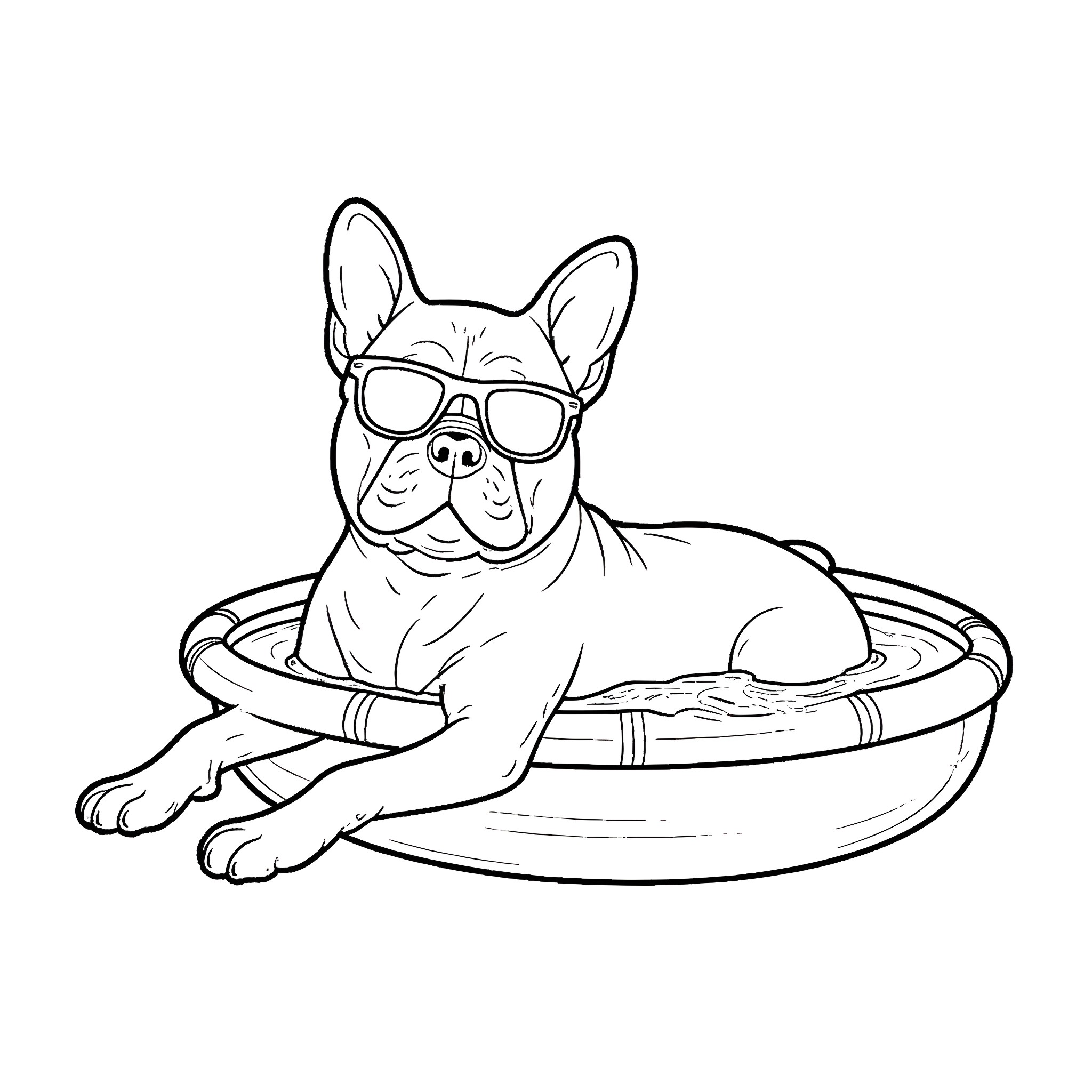French Bulldog relaxing with sunglasses in a bowl Coloring Page (free black-and-white line drawing printable PDF for all, from beginners to advanced learners, including children, teens, adults, and seniors)