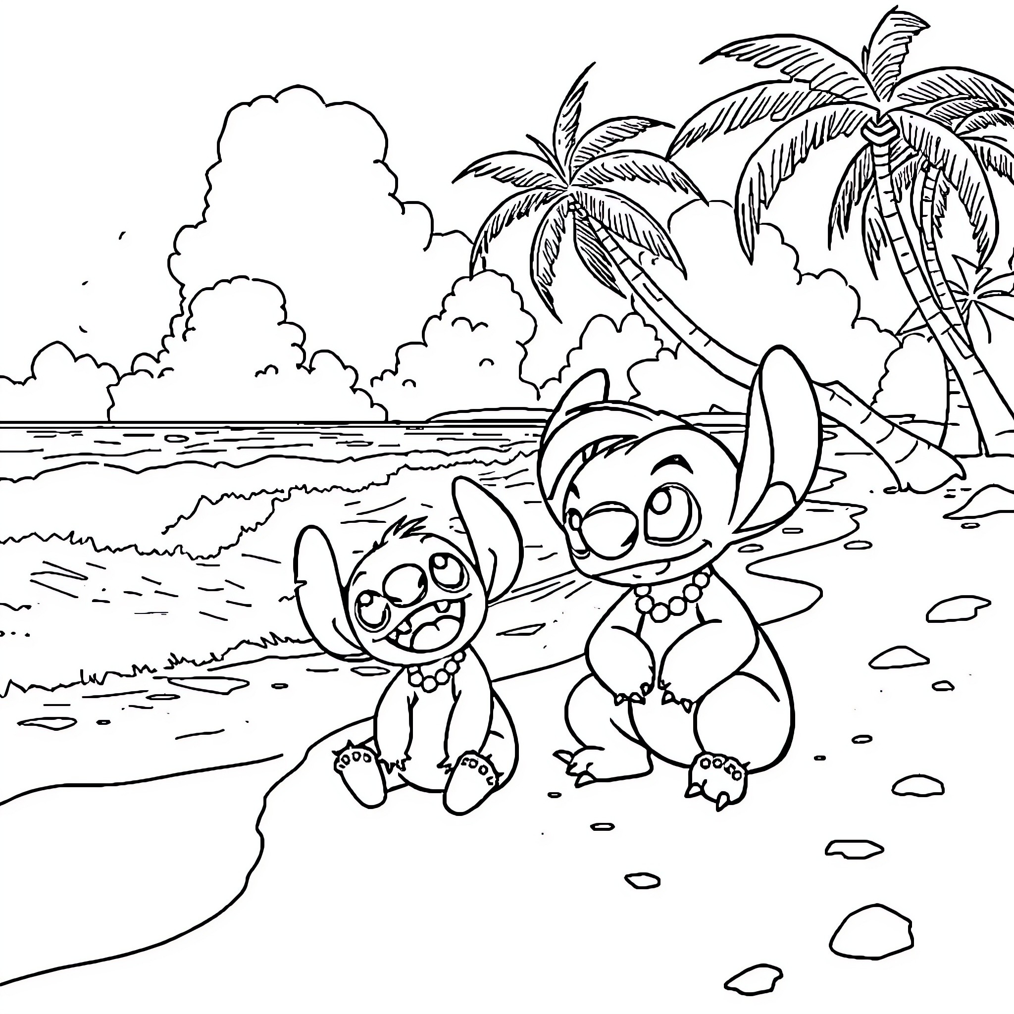 Lilo and Stitch playing on the beach Coloring Page (free black-and-white line drawing printable PDF for all, from beginners to advanced learners, including children, teens, adults, and seniors)