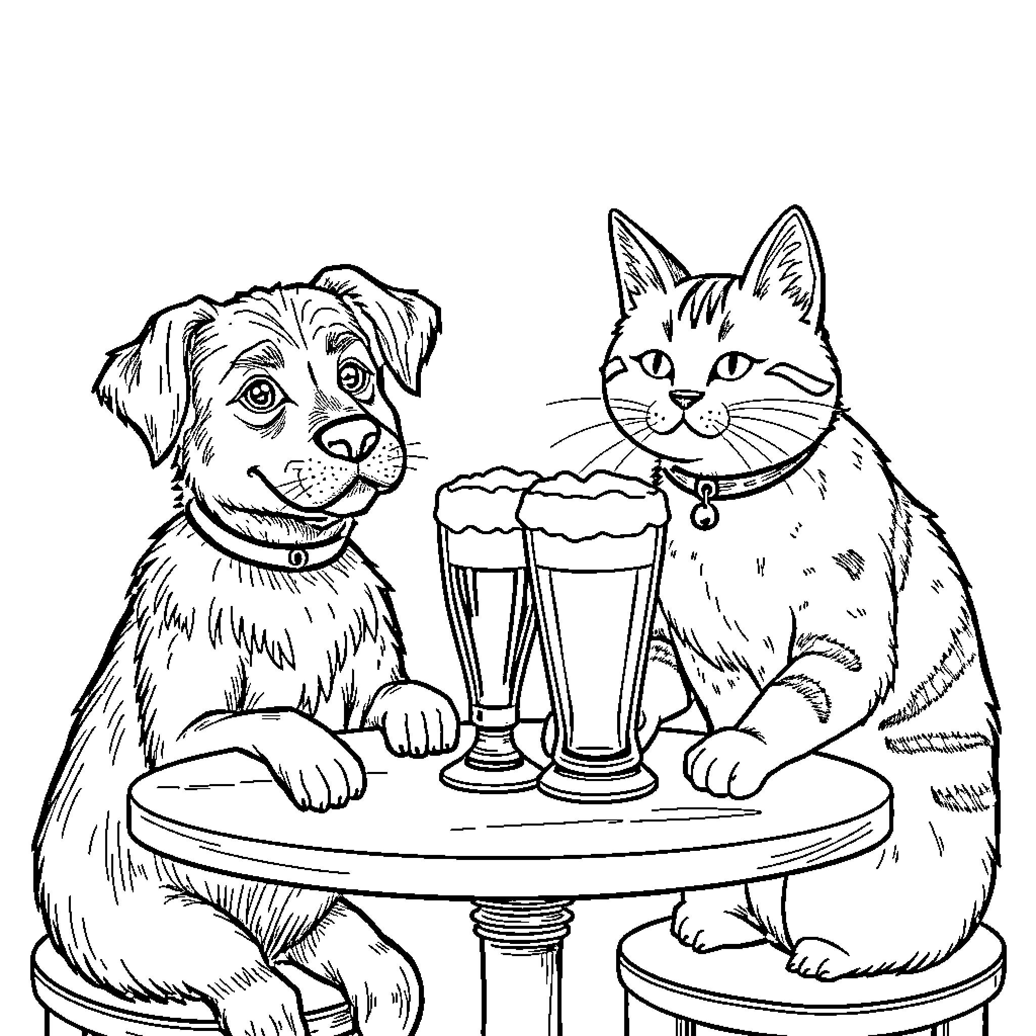 Dog and cat enjoying drinks together Coloring Page (free black-and-white line drawing printable PDF for all, from beginners to advanced learners, including children, teens, adults, and seniors)