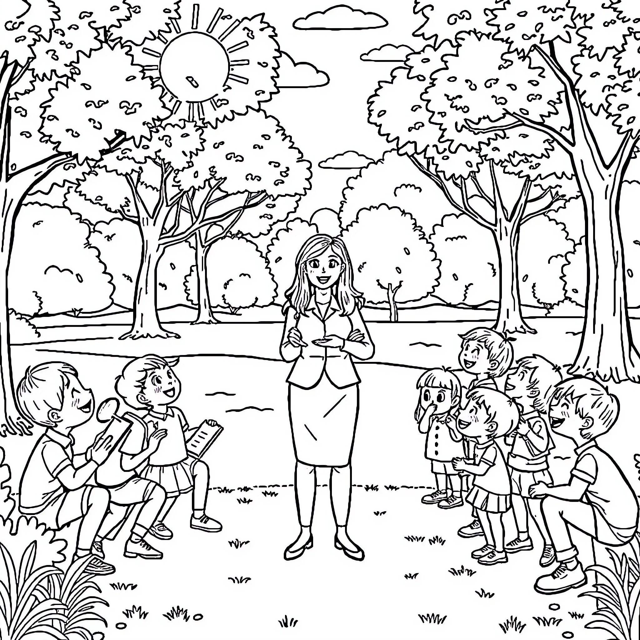 Teacher reading to attentive students outdoors Coloring Page (free black-and-white line drawing printable PDF for all, from beginners to advanced learners, including children, teens, adults, and seniors)