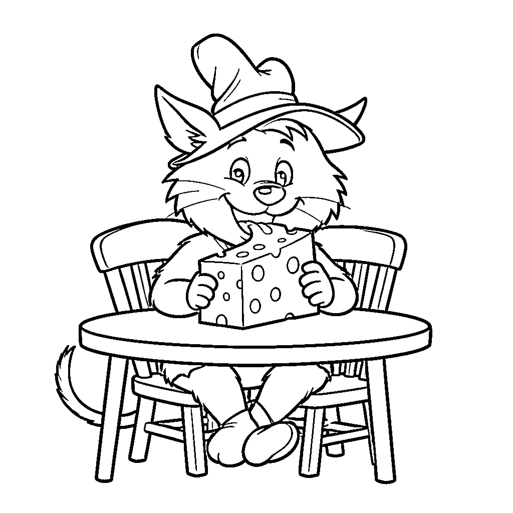 Geronimo Stilton happily eating a large piece of cheese Coloring Page (free black-and-white line drawing printable PDF for all, from beginners to advanced learners, including children, teens, adults, and seniors)