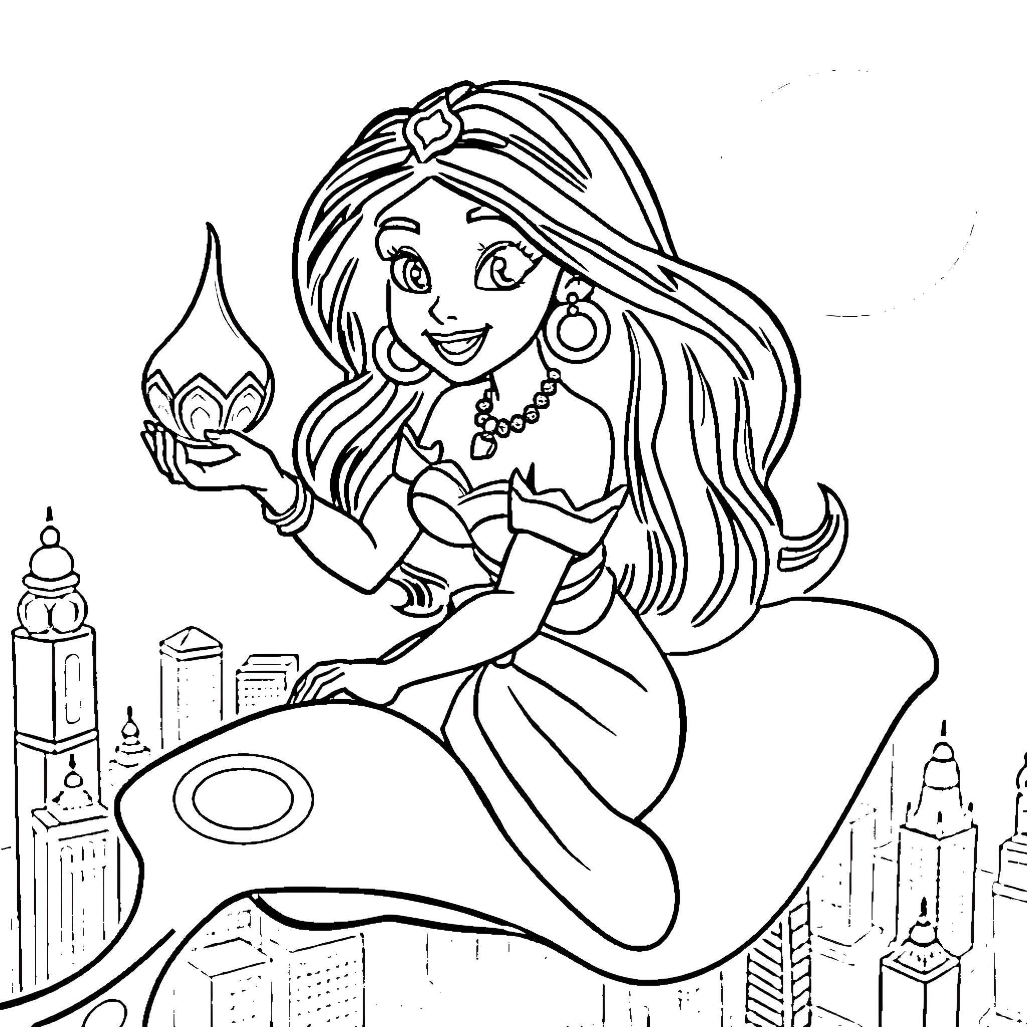Princess sitting on a magic carpet Coloring Page (free black-and-white line drawing printable PDF for all, from beginners to advanced learners, including children, teens, adults, and seniors)