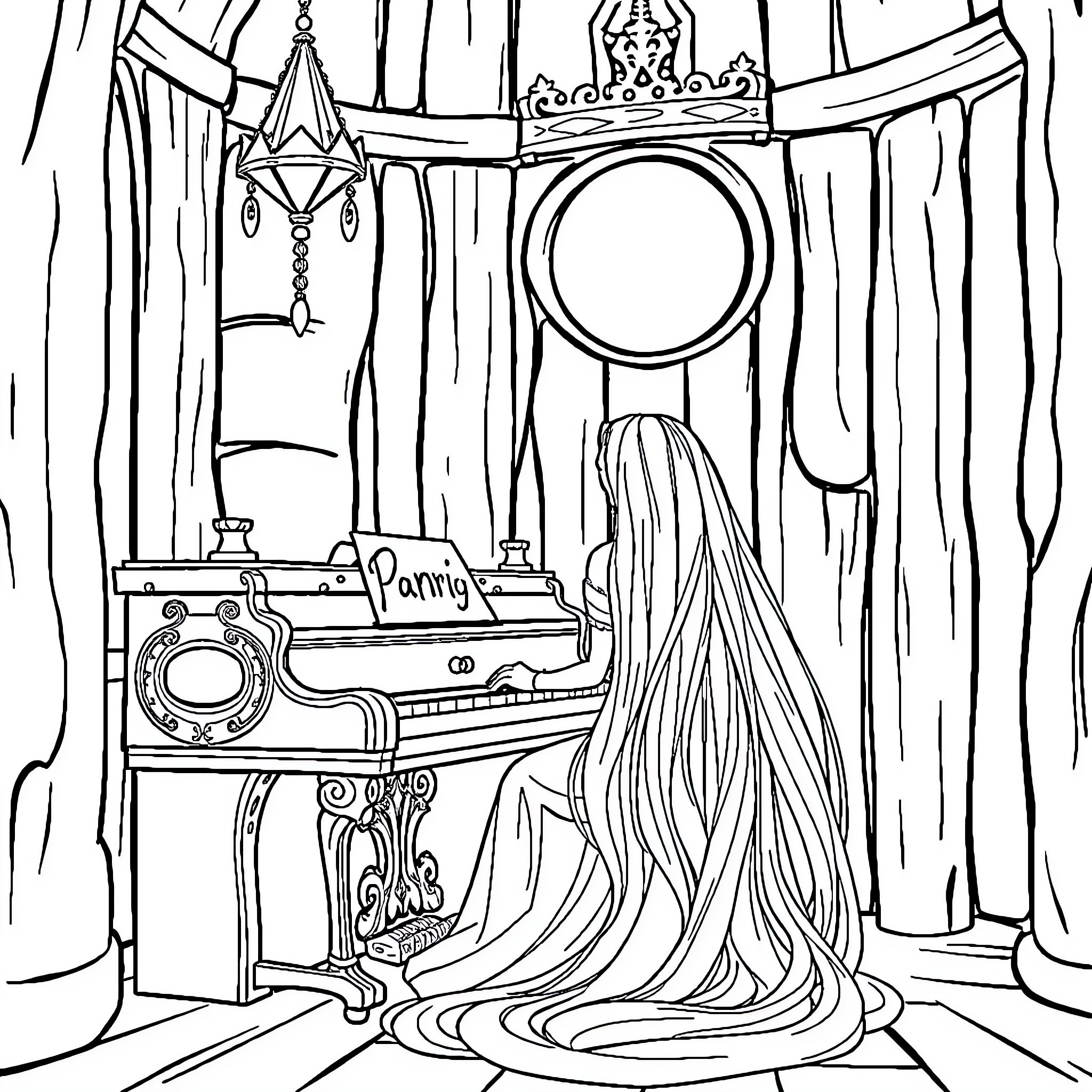 Rapunzel gazing into the magic mirror Coloring Page (free black-and-white line drawing printable PDF for all, from beginners to advanced learners, including children, teens, adults, and seniors)