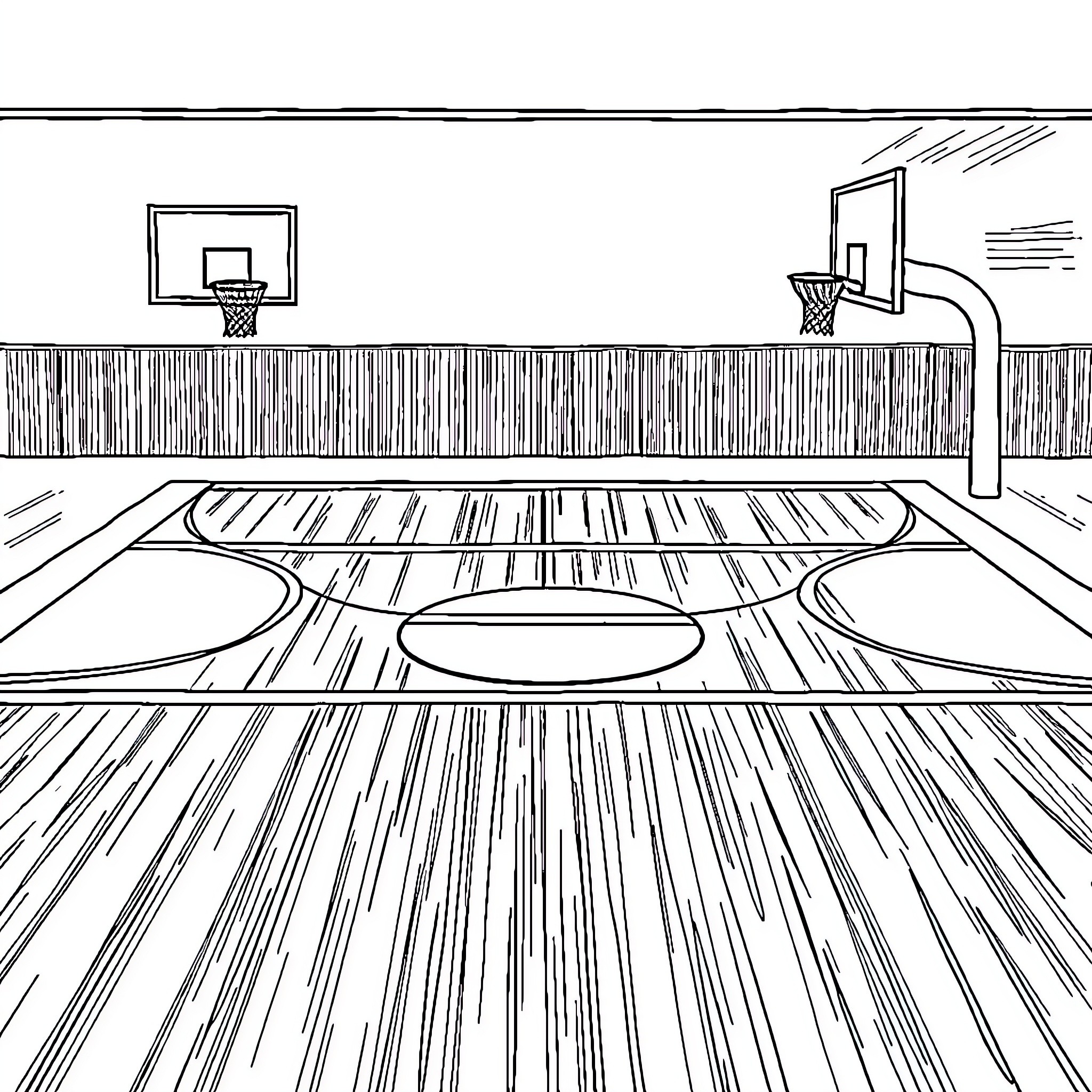 Basketball Court with Hoops and Hardwood Floor Coloring Page (free black-and-white line drawing printable PDF for all, from beginners to advanced learners, including children, teens, adults, and seniors)