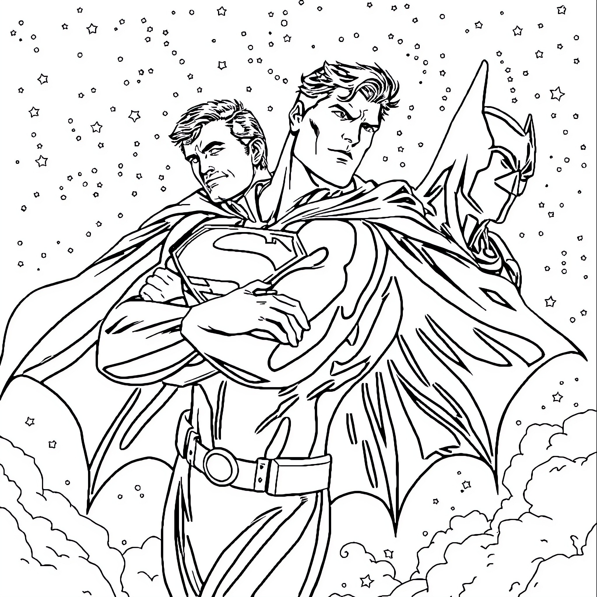 Superman flying confidently in the starry night sky Coloring Page (free black-and-white line drawing printable PDF for all, from beginners to advanced learners, including children, teens, adults, and seniors)
