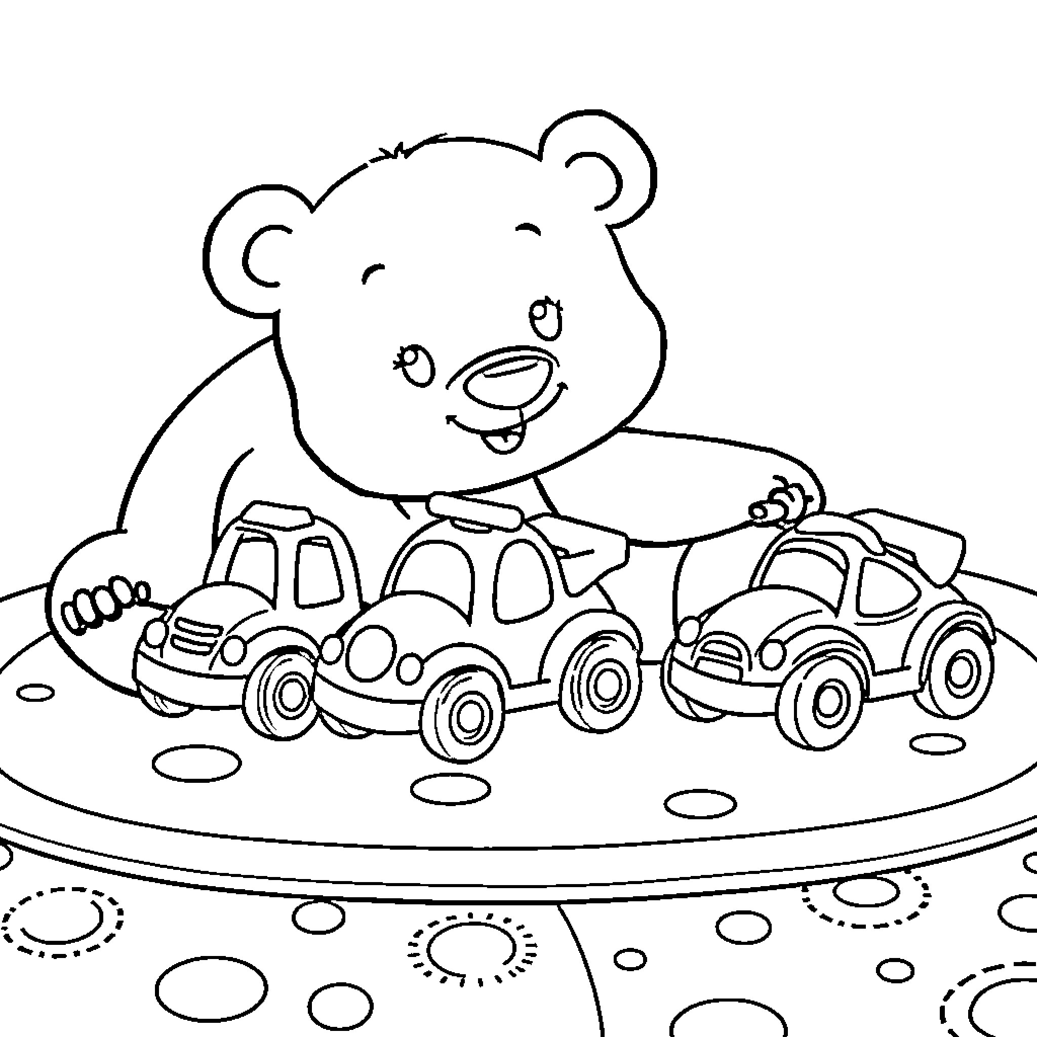 Baby Bear playing with toy cars on the ground Coloring Page (free black-and-white line drawing printable PDF for all, from beginners to advanced learners, including children, teens, adults, and seniors)